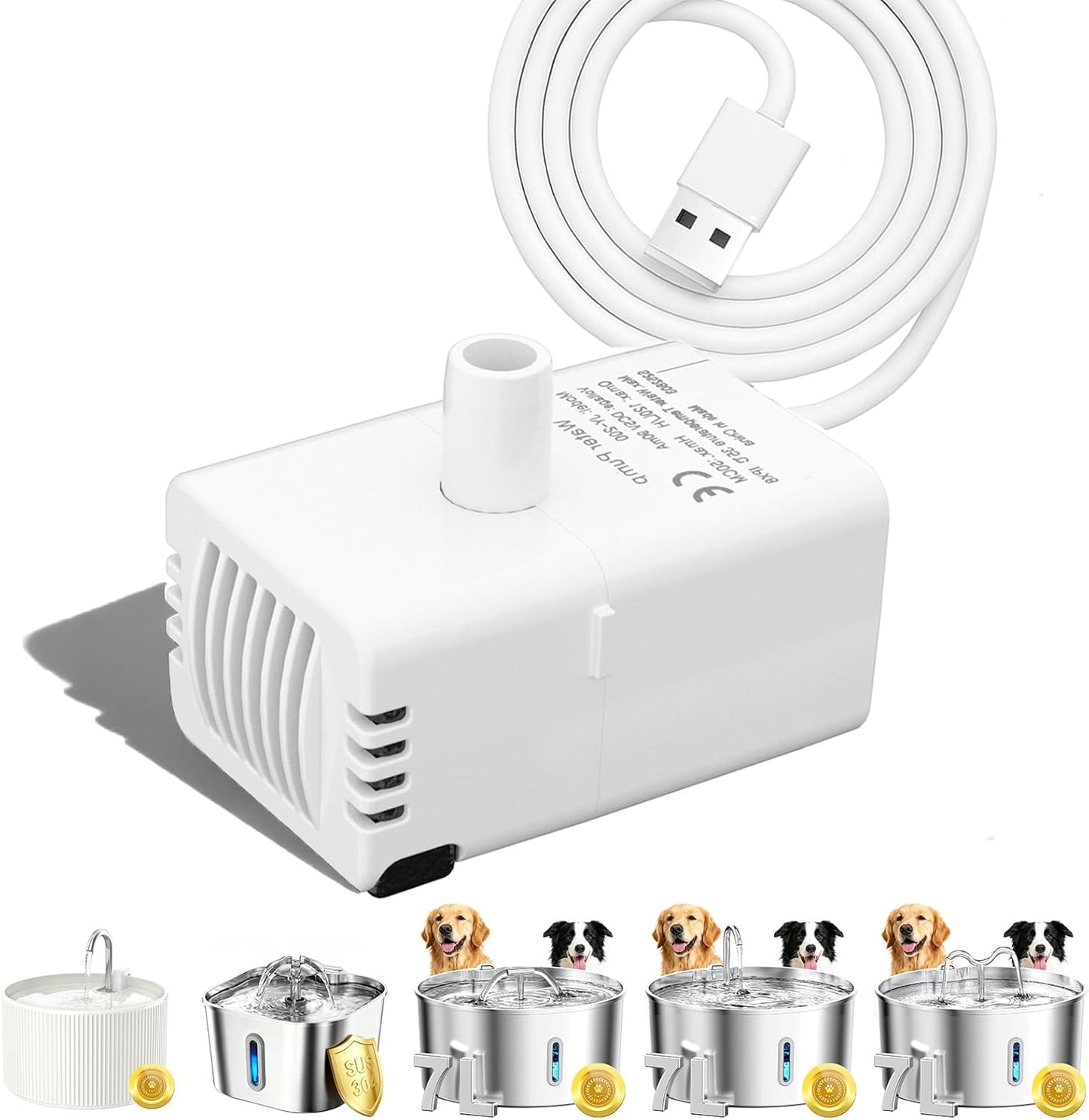 Cat Water Fountain Pump Replacement for 2.2L Ceramic Cat Water Fountain, 2.2L Stainless Steel Cat Water Fountain & 7L Dog Water Fountain, Ultra Quiet Long Lifespan Water Pump (PUC03)