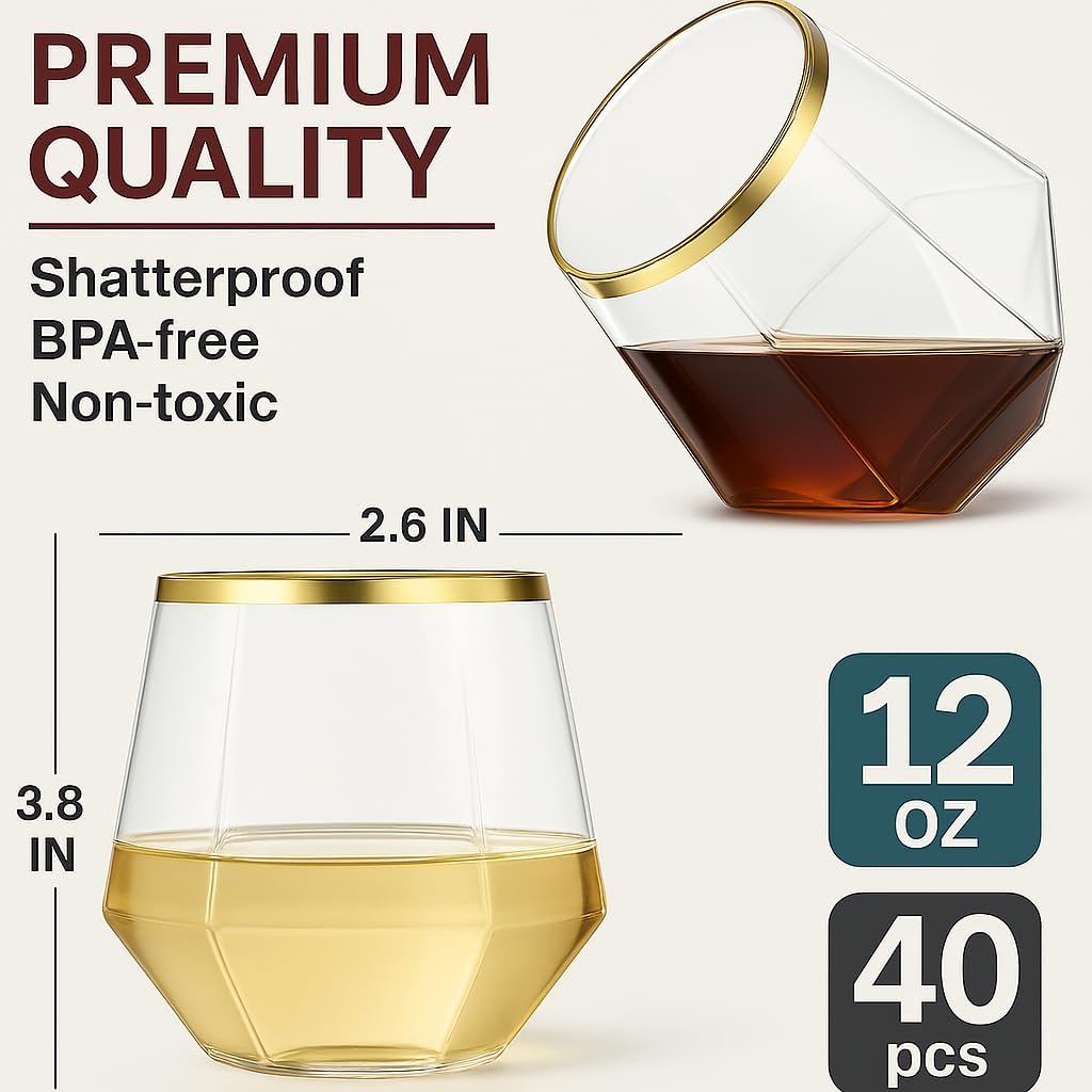 Oojami 40 count Diamond 12 Ounce Gold Rim Cups Unbreakable Stemless Plastic Wine Champagne Whiskey Glasses Elegant Durable Disposable Indoor Outdoor Ideal for Home, Office, Bars, Wedding (Gold)