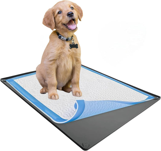 TidyFriend Dog Pee Pad Holder Tray Fits for 24” x 36” Pee Pads with Corner Lock Holes, Raised Edges, Non-Spill, Easy to Clean Silicone Dog Potty Tray Holder, for Indoor Floor Protection (Grey)