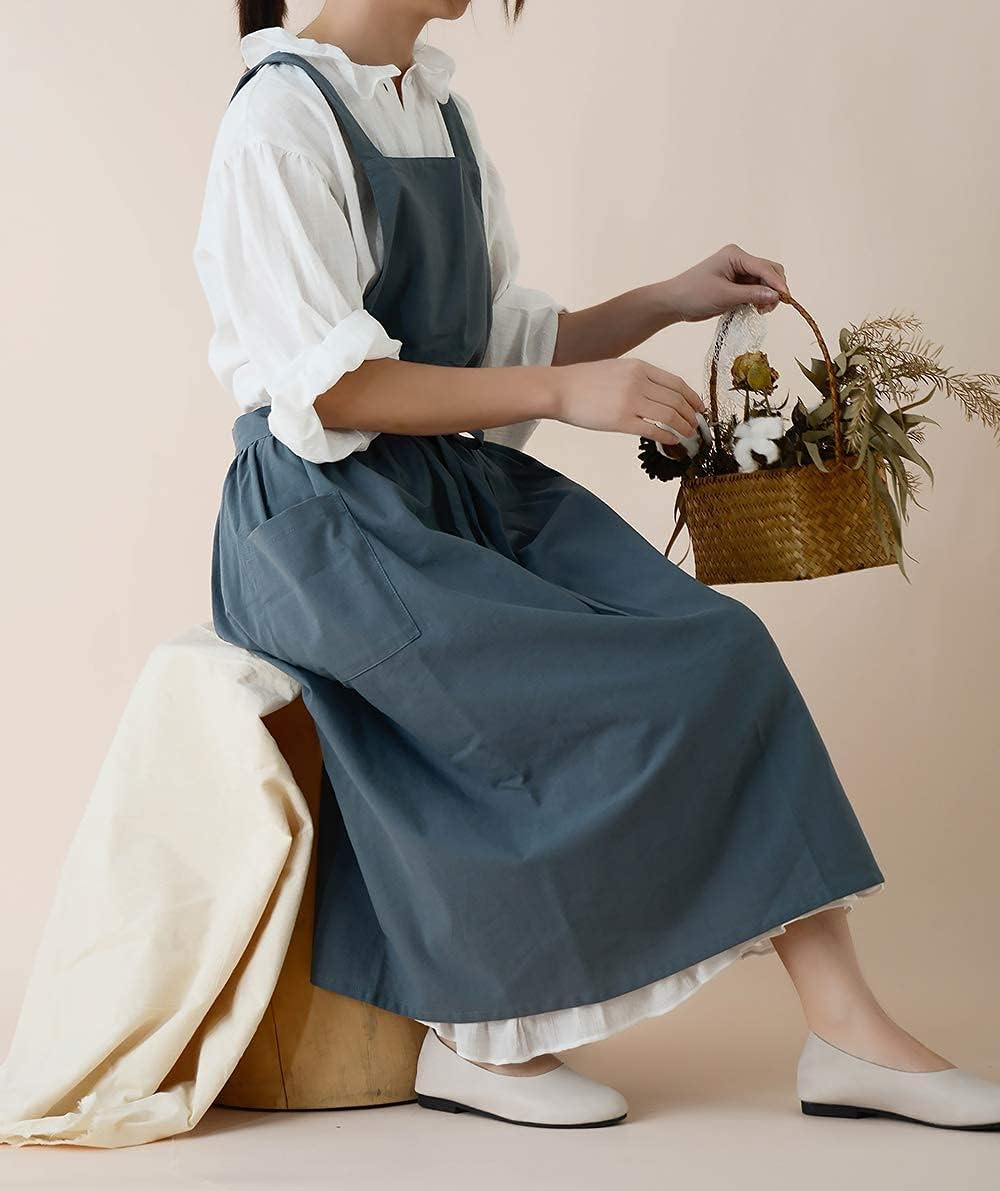 Cotton Pleated Apron Retro Waterdrop Proof Garden Cleaning Pinafore Dress