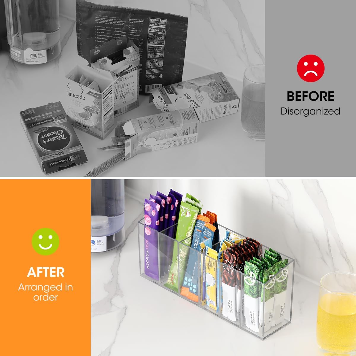 AIEVE Drink Packet Organizer, Mountable Water Packet Organization Holder with Adhesive & Magnetic Sticker, Pantry Organizers Kitchen Storage for Countertop Table Fridge Cabinet