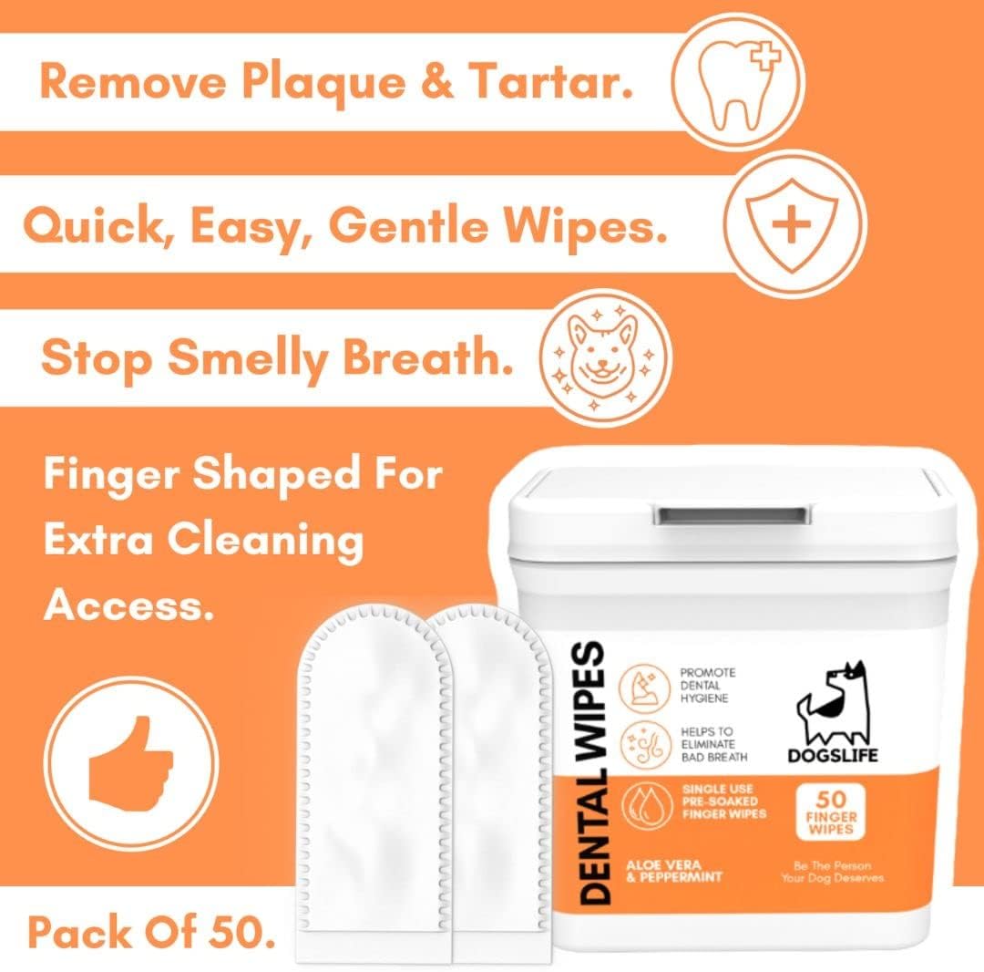DogsLife Dog Tooth Wipes | Quick & Easy Finger Wipes for Teeth | Remove Tartar & Fight Bad Breath | Naturally Soothing Aloe Vera & Peppermint! Pack of 50 Dog Dental Wipes Teeth Wipes