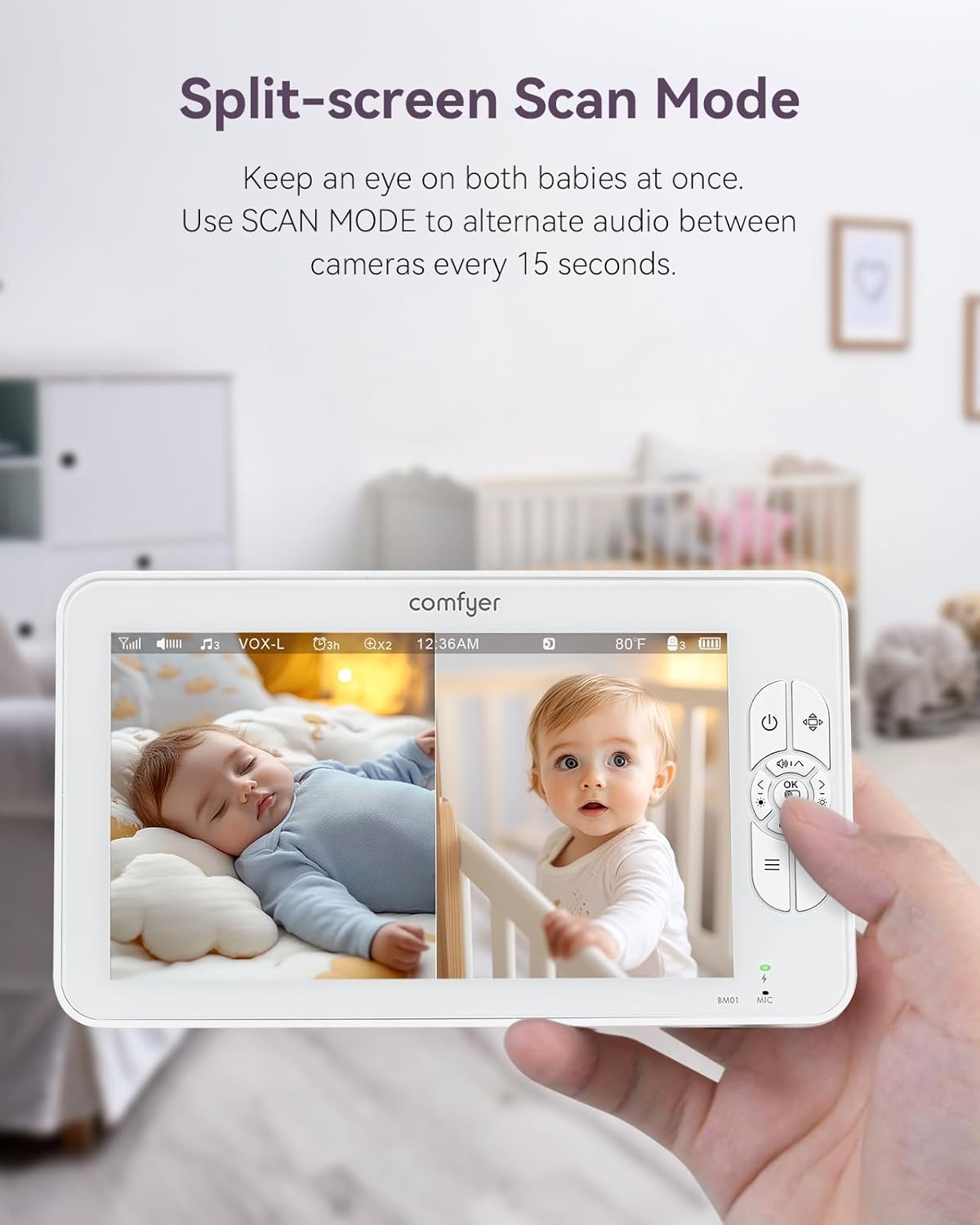 7" HD Split-Screen Baby Monitor with 2 1080P Cameras, 48 Hrs 6000mAh Battery Runs 2 Days in VOX Mode, No WiFi Monitor with a Flexible Bracket, 2 Way Audio, Remote PTZ, Auto Night Vision