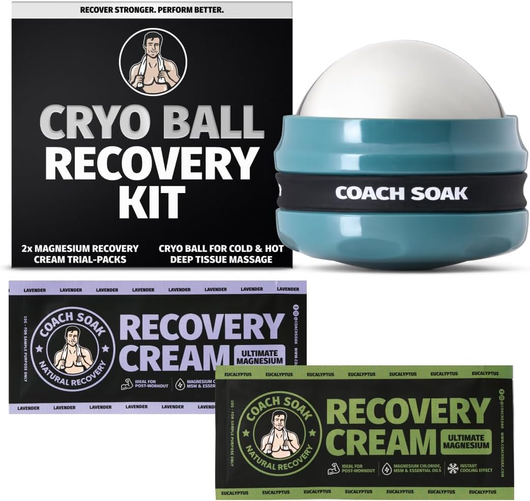 Coach Soak Massage Roller Ball – Dual Hot & Cold Stainless Steel CryoBall with Silicone Control Grip, Handheld Recovery Roller Glides Easily for Deep Tissue Massage – 2X Magnesium Cream Included