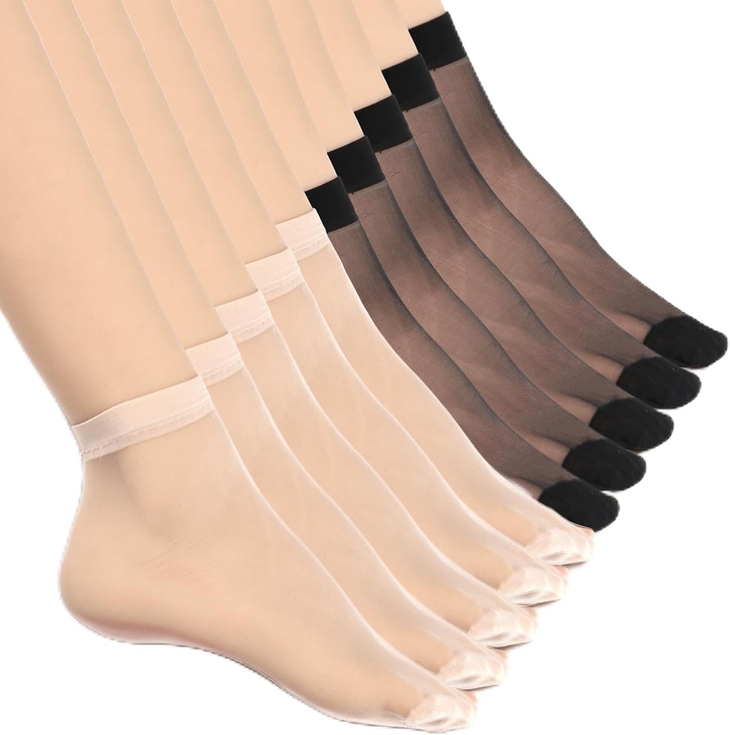 10 Pairs Womens Sheer Ankle Socks Nude Nylon Socks Thin Soft Reinforced Toes Premium Hosiery Stylish Breathable Sock for Women One Size(5 Black, 5 Beige)