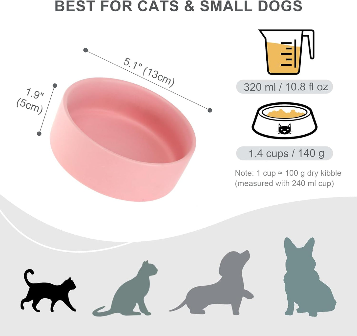 Ceramic Dog Bowl for Food and Water - Pet Feeder Bowl for Small Dogs and Cats - Heavy Ceramic Feeding Dish with Non Slip Base - Dishwasher & Microwave Safe - 5 Inch - 1.4  Cups - Pink