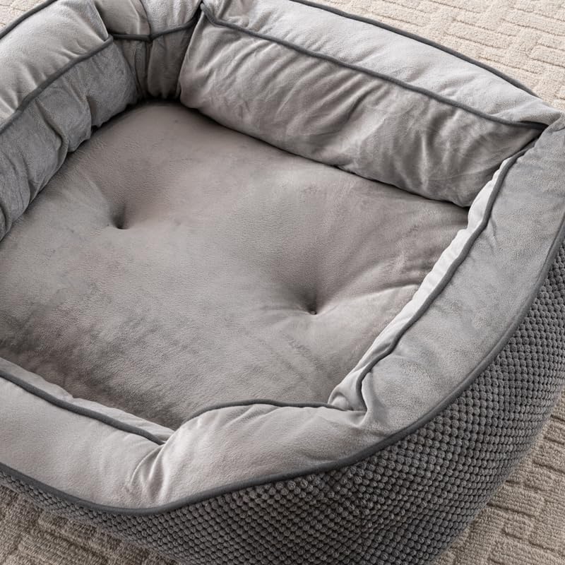 Happy Pets Luxury Orthopedic Pet Bed, Wide Stripe, Brown or Dark Gray Square Nest Bolster Design, Machine Washable Cover, for All Breeds (Dark Gray, 20" x 19" x 6")