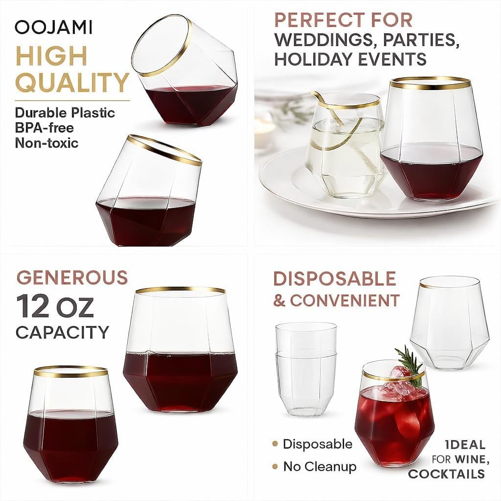 Oojami 40 count Diamond 12 Ounce Gold Rim Cups Unbreakable Stemless Plastic Wine Champagne Whiskey Glasses Elegant Durable Disposable Indoor Outdoor Ideal for Home, Office, Bars, Wedding (Gold)