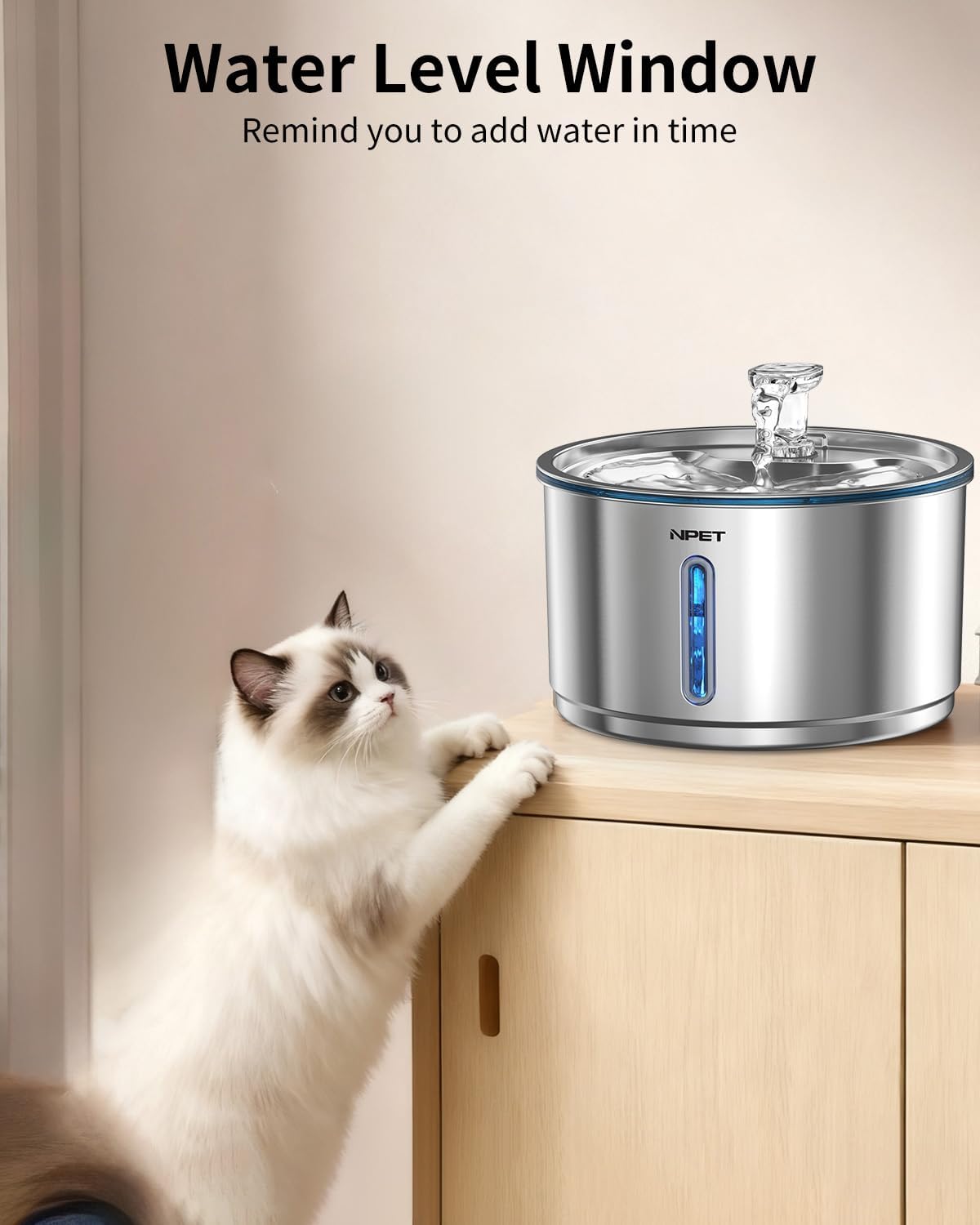 NPET Stainless Steel Cat Water Fountain, 1 Gallon/135oz Automatic Pet Drinking Fountain Dog Water Dispenser Bowl with Water Level Window for Cats Indoor - WF210Plus