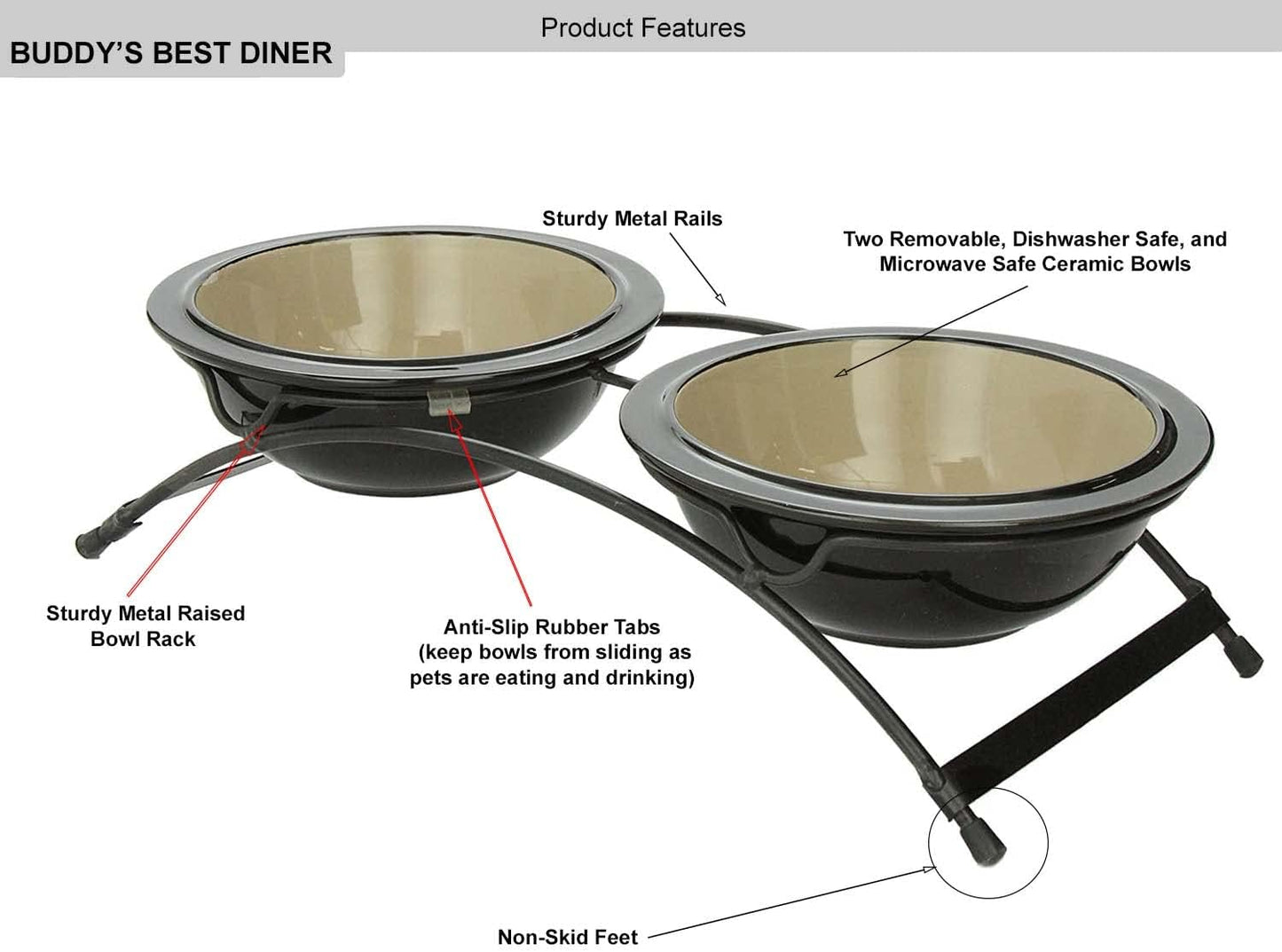 Petrageous 44339 Buddys Best Steel Frame Non-Skid Raised Dog Feeder 13-Inch by 5.75-Inch by 3-Inch Tall Anti Slip Dog Diner with 2 Dishwasher-Safe Stoneware 6-Inch 2-Cup Capacity Bowls, Brown