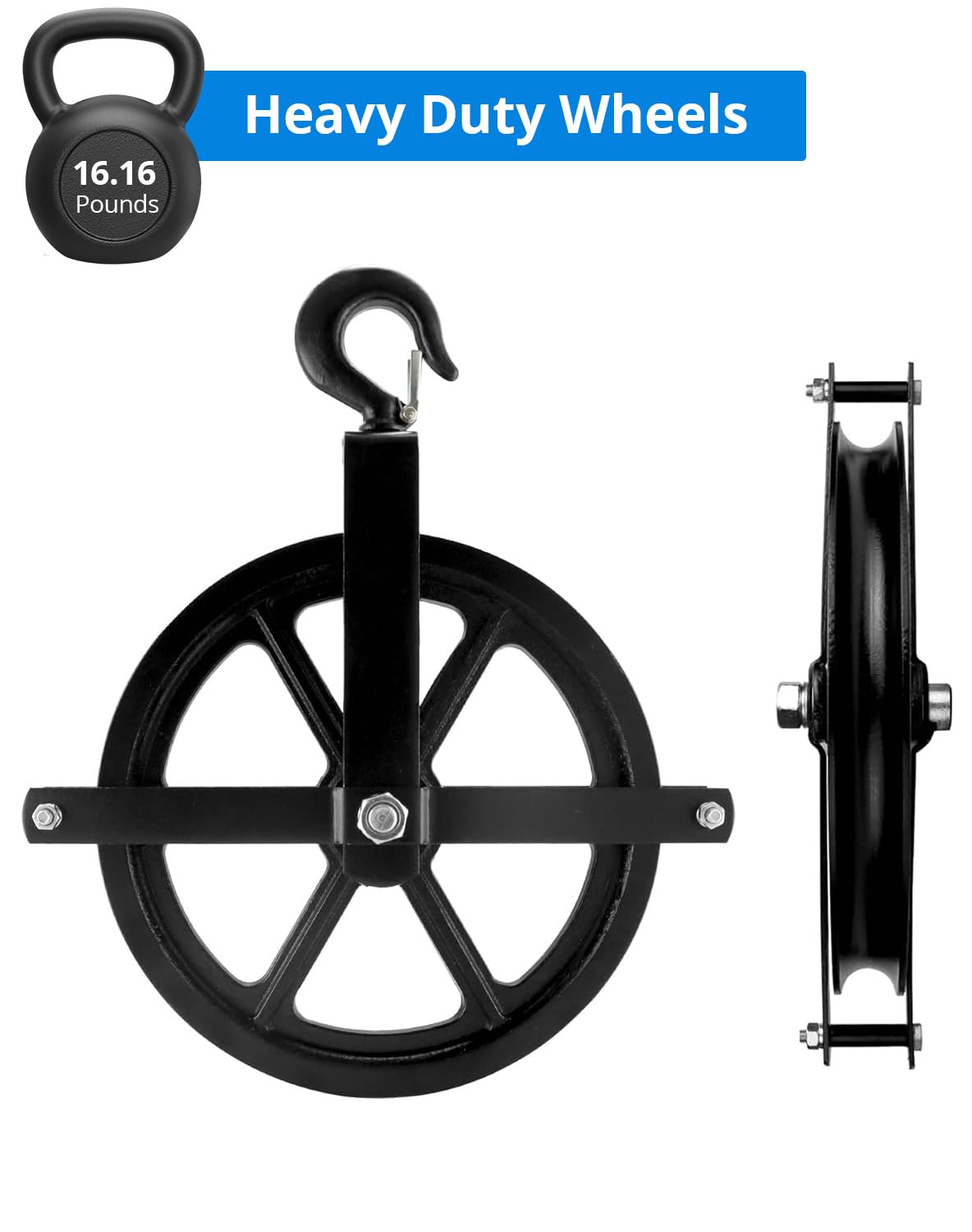 QWORK Scaffolding Wheels, 12" Aluminum Lifting Pulley, 1000 Lbs Ladder Hook Pulley Scaffold Hoist Pulley for Lifting with Rope