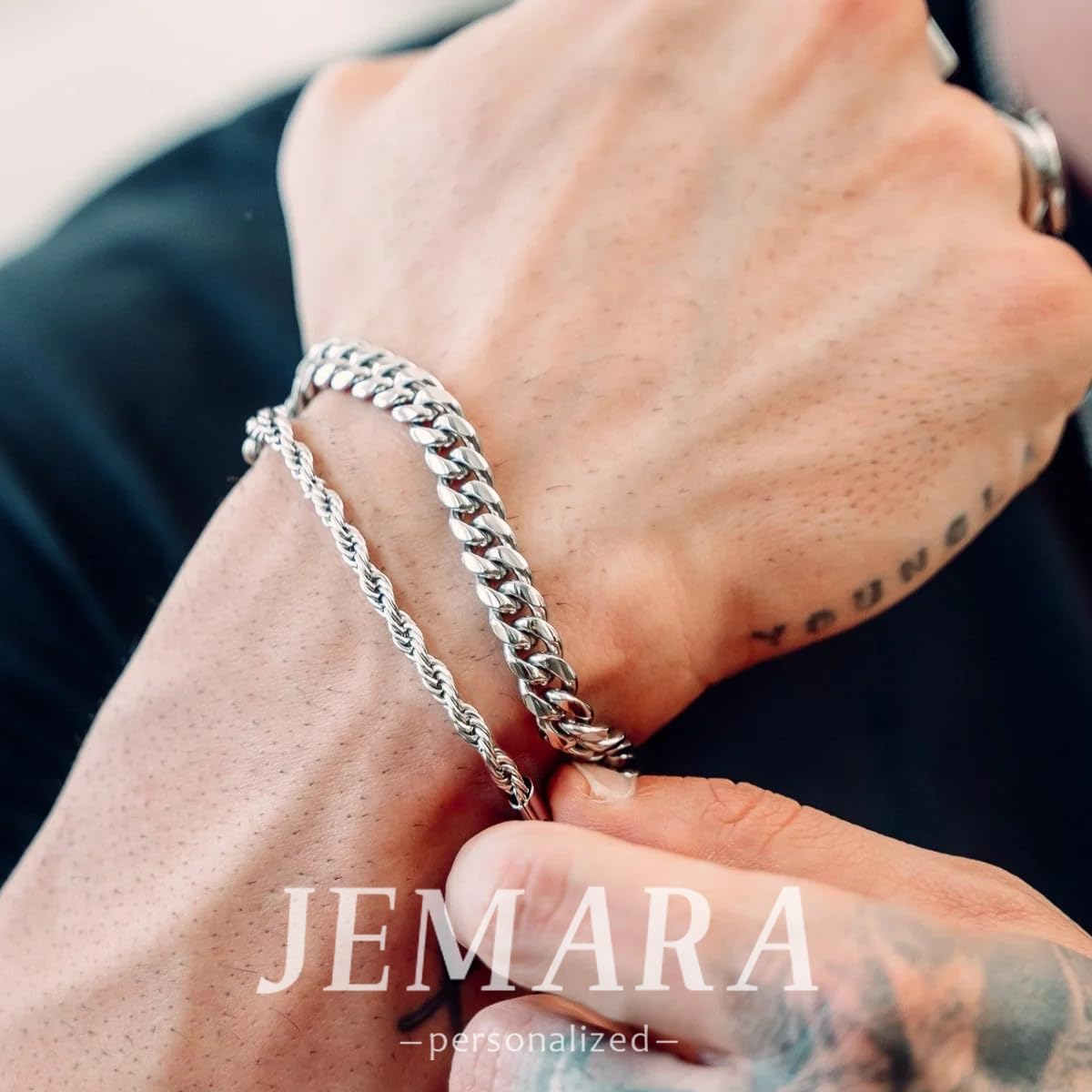 3Pcs Stainless Steel Mens Bracelet,Adjustable Sturdy Silver Cuban Chain Bracelet Set for Men