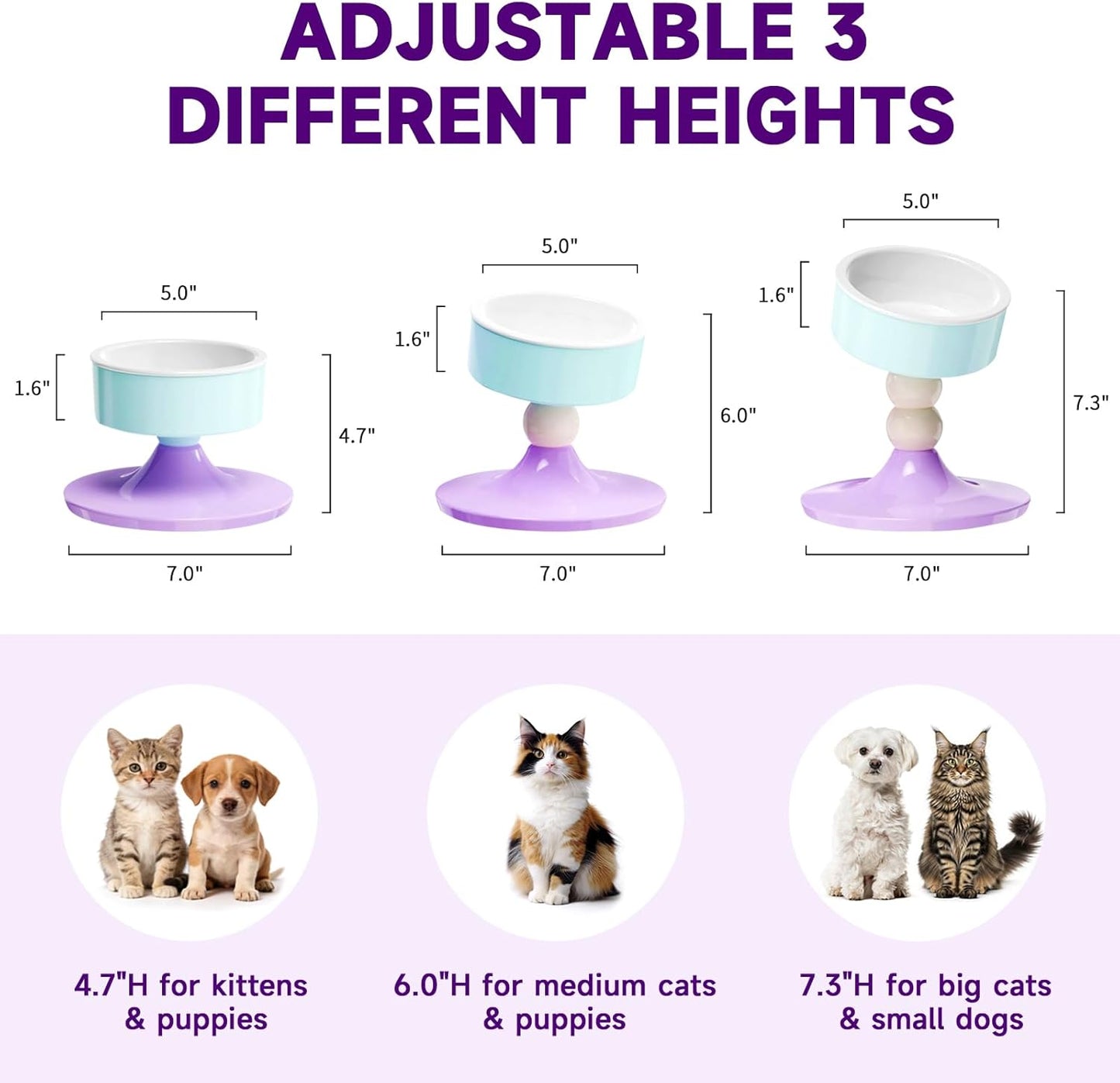 Cat Food and Water Bowls,Raised Cat Bowl,Three Adjustable Height Options, 20° Tiltable, 360° Rotatable, Raised Pet Bowl.Suitable for Small Dogs, Kittens, and Adult Cats.1 Piece, Color: Purple