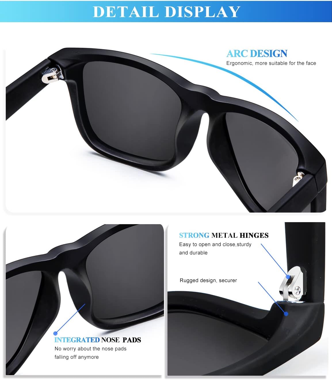 KALIYADI Sunglasses Men Polarized Sun glasses for Mens Womens Classic Matte Black Frame UV Protection 3pack