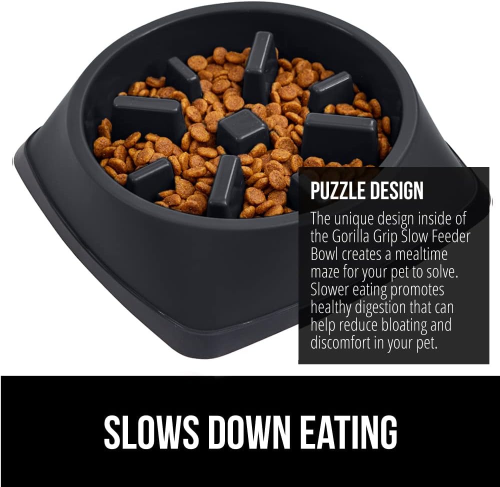 Gorilla Grip Slow Feeder Dog Bowl and Pet Feeding Mat, 4 Cups Dogs Pet Bowls Slip Resistant, Dog Food Mats Size 18.5x11.5 Waterproof Placemats, Both in Black Color, 2 Item Bundle