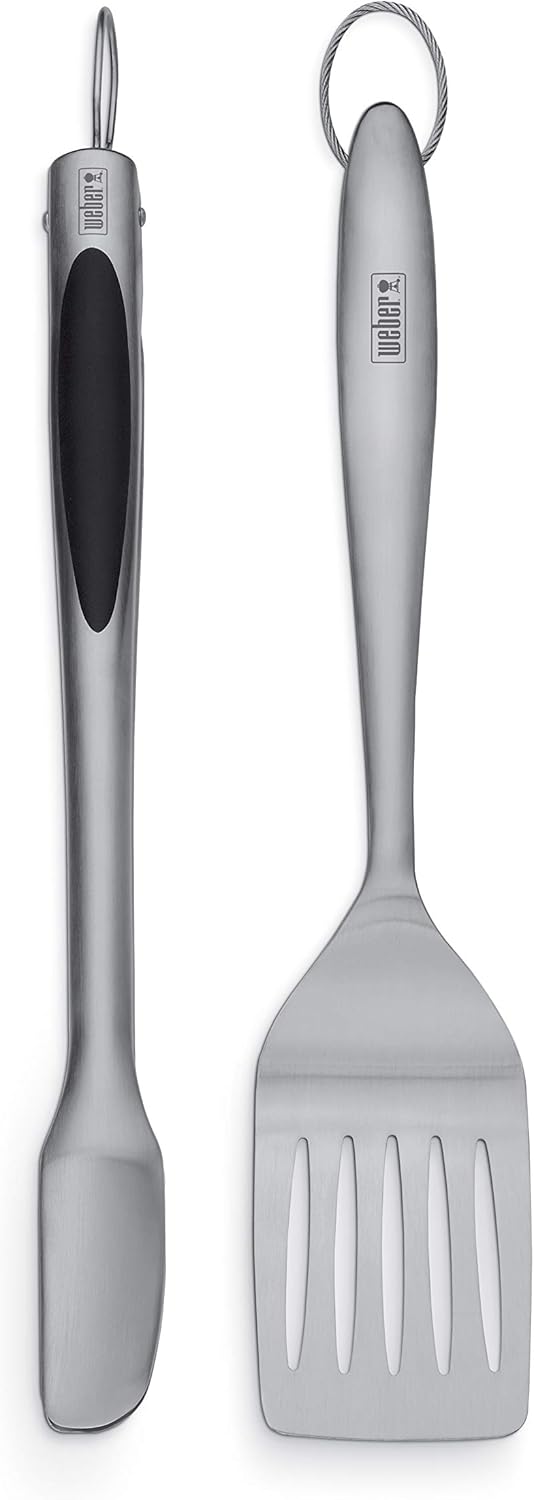 Weber Stainless Steel Style 2‑Piece Barbecue Tool Set – Spatula & Hands‑Free Locking Tongs with Textured Easy‑Grip Handles, BBQ Grilling