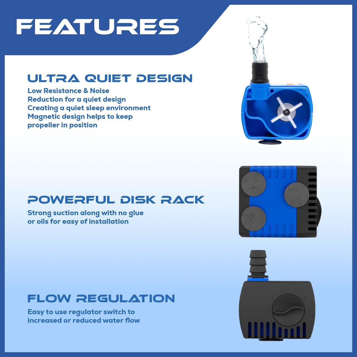 66 GPH Submersible Water Pump - Adjustable Quite Aquariums, Fountains, Hydroponics, and Pond Pump, 1.9 ft Lift, 2.5W