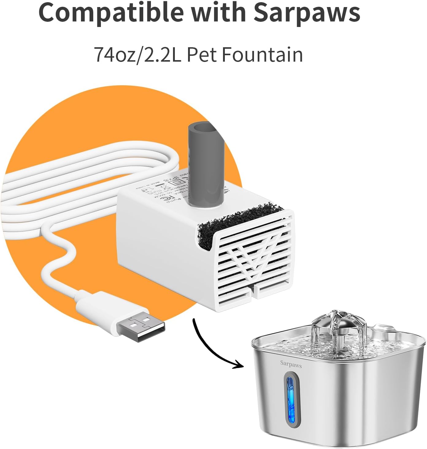 Stainless Steel Indoor Cat Fountain Pump Replacement Pump for 74oz Pet Fountain Cat Water Fountain Dog Water Dispenser Ultra Quiet Long Lifespan Water Pump, USB Cable, LED Lights