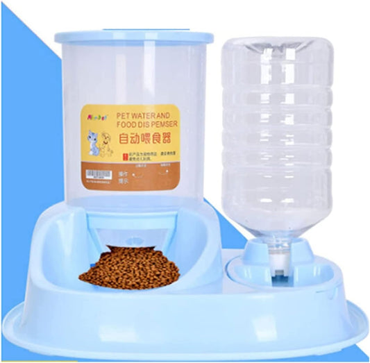 New 4L Large Capacity Dualuse Automatic Unplugged Gravity Pet Food Feeder and Water Dispensers Dog Food Bowl Cat Drinking for Supplies Pets cat Fountain (Blue)