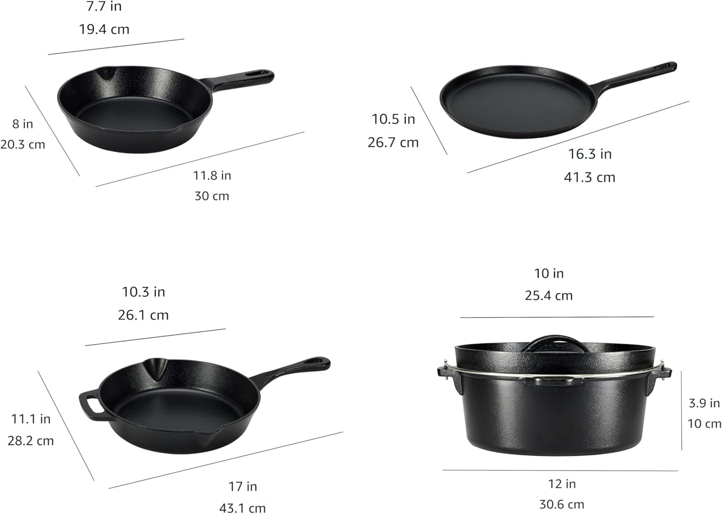 Amazon Basics Pre-Seasoned Cast Iron 5-Piece Cookware Set, Oven Safe, Cooks Evenly, 14.17 x 12.2 x 10.63 in, Black