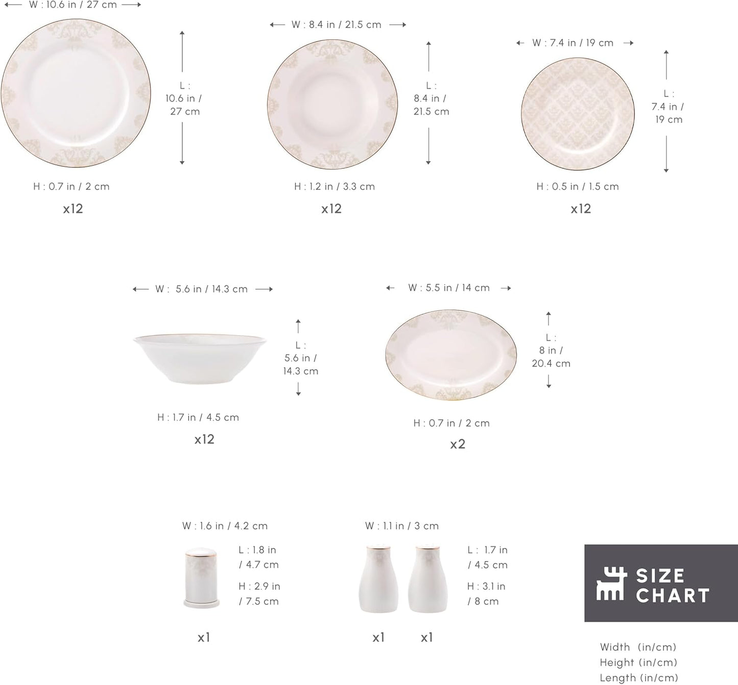 Karaca Siena 53-Piece Porcelain Plates and Bowls Set with Dinner & Dessert Plates, Shakers - Bone China Dishware Sets - Kitchen Dinnerware Set for 12 People