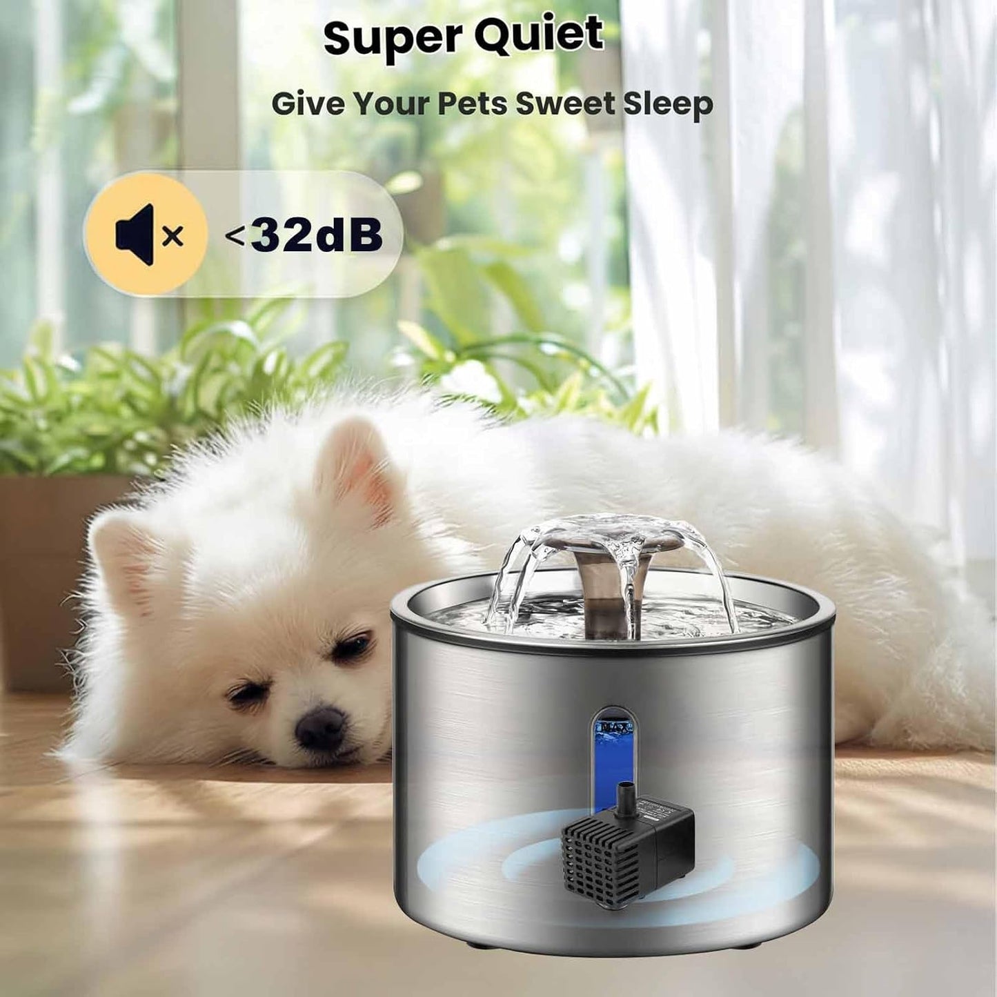 Black Replacement Pump for Cat Dog Pet Water Fountain, Ultra Quiet, Capacitive sensing red and blue light intelligent low water level reminder, 3.3 ft USB cable