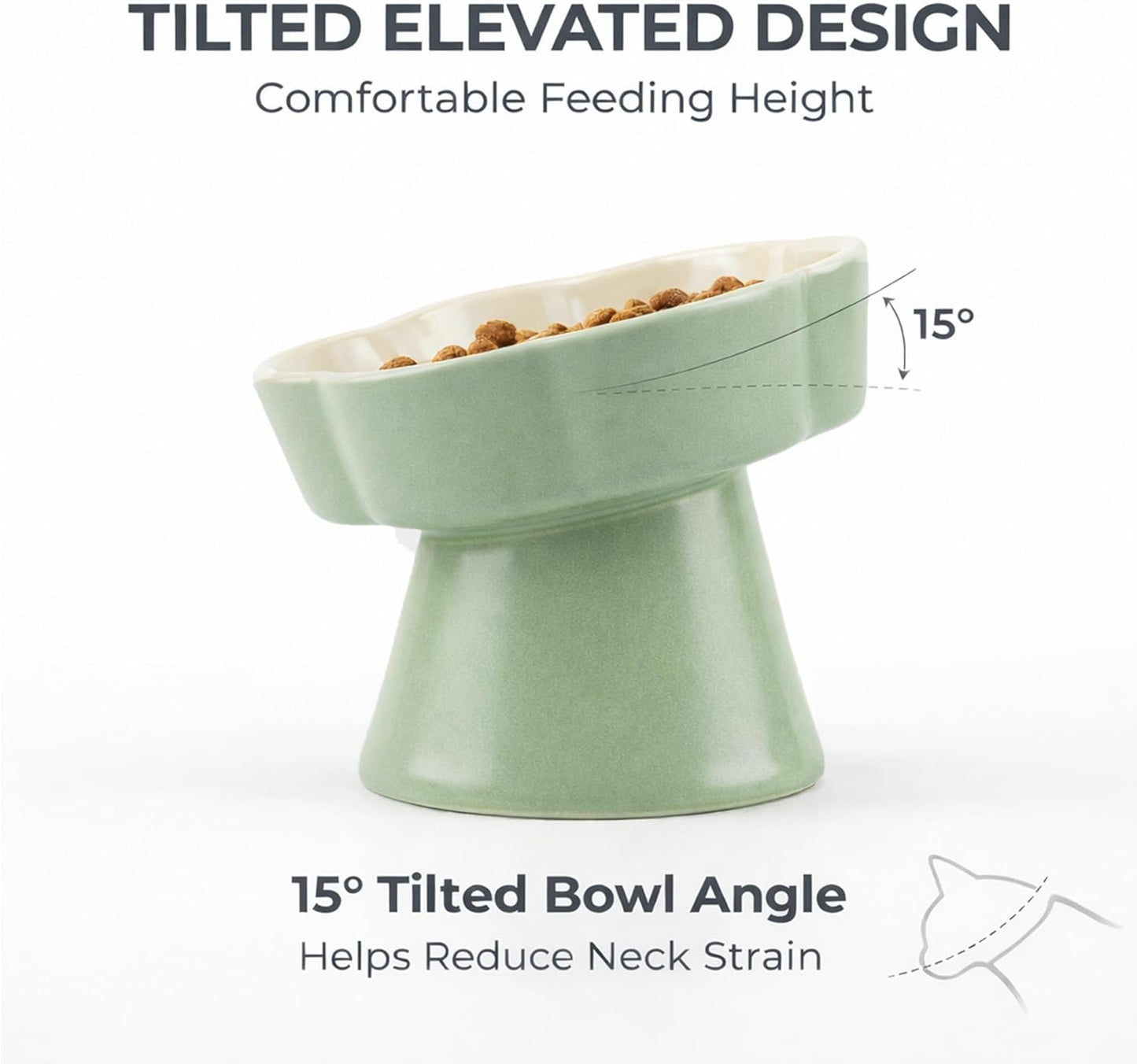 Ceramic Elevated Slow Feeder Cat Bowl, Raised and Gently Tilted Feeding Dish with Maze Design, Whisker-Friendly, Easy to Clean, for Indoor Cats and Small Dogs (Green/Ivory)