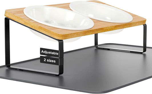 Upgraded Adjustable Height Cat Food Bowls Stand Ceramic Dog Bowls and Slow Feeder Cat Bowl, 15°Tilted Stand Anti Vomiting Raised for Small and Medium Sized Cats Dogs (Creamy White)
