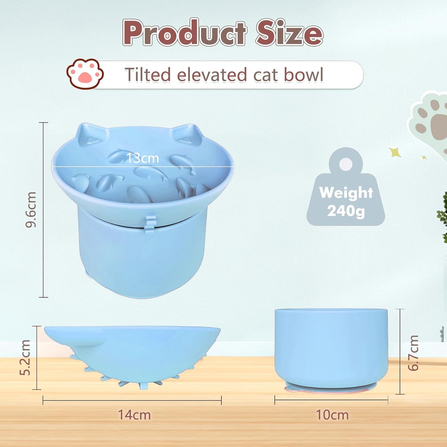 Silicone Slow Feeder Cat Bowl, Elevated Cat Slow Feeder with Suction Cups, Multi-Angle Tilt Design, No Black Chin, Suitable for Dry Wet Food (Light Blue)