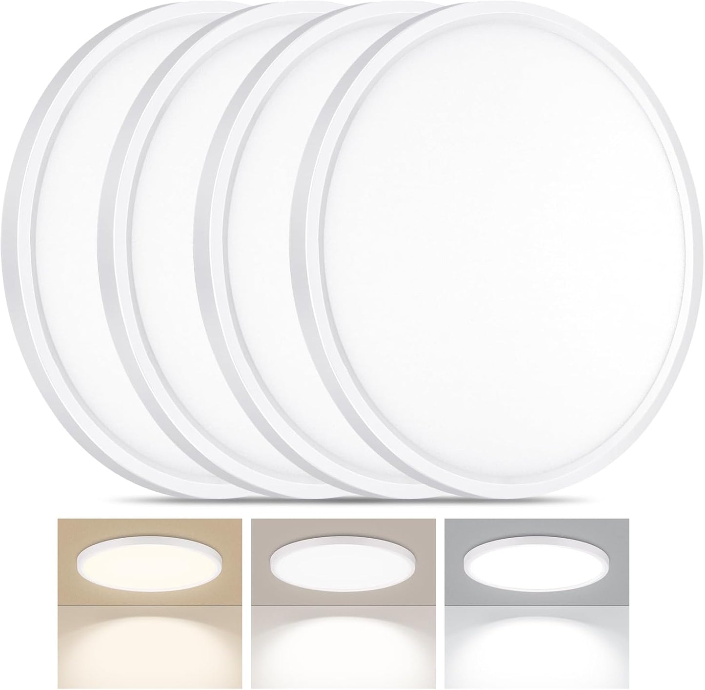4 Pack LED Flush Mount Ceiling Light, 24W Ultra Thin Round White 3000k/4000k/6500k 3 Color Temperatures Adjusted 12 Inch Modern Ceiling Lights for Bedroom Bathroom Kitchen, Wired