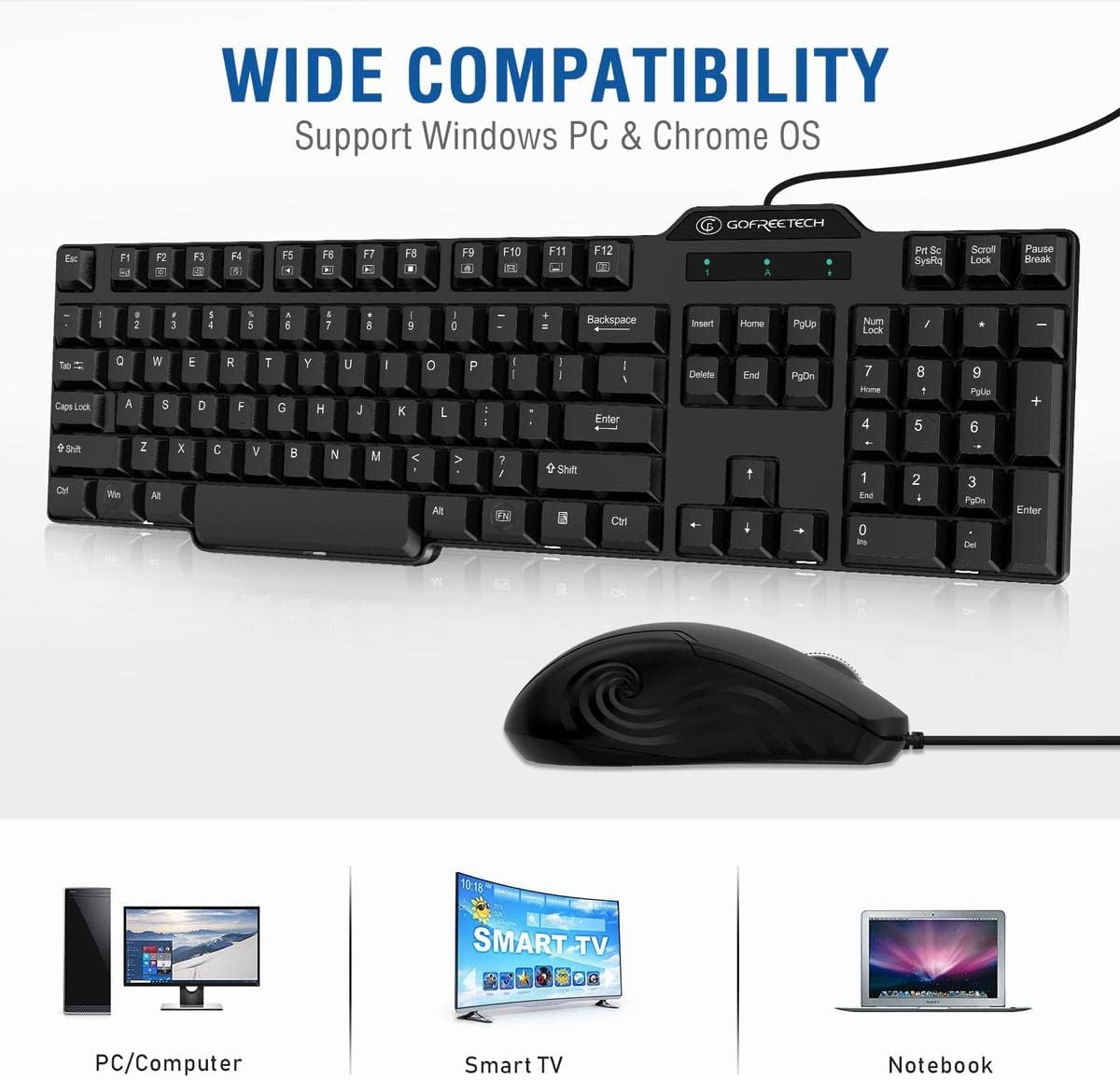 Wired Keyboard and Mouse Combo, Gofreetech Full-Size Keyboard and Mouse Combo with Optical Wired Mouse, USB Plug-and-Play, Compatible with Windows Mac OS Laptop/Desktop/PC