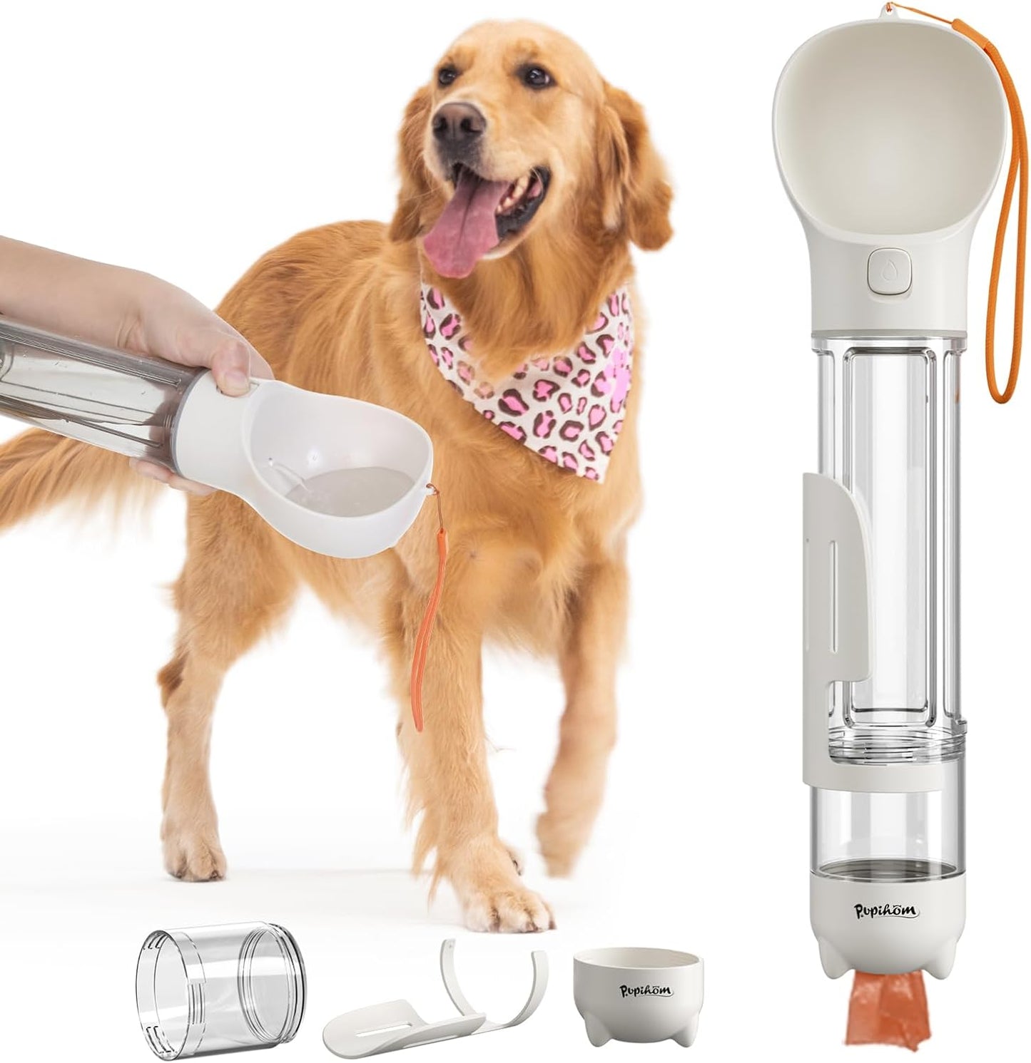 Dog Travel Water Bottle and Food Dispenser- Portable Travel Dispenser with Leak-Proof Bowl with Poop Bag- Outdoor Pet Water Bottle for Walking, Hiking, and Traveling - Length: 12.6"