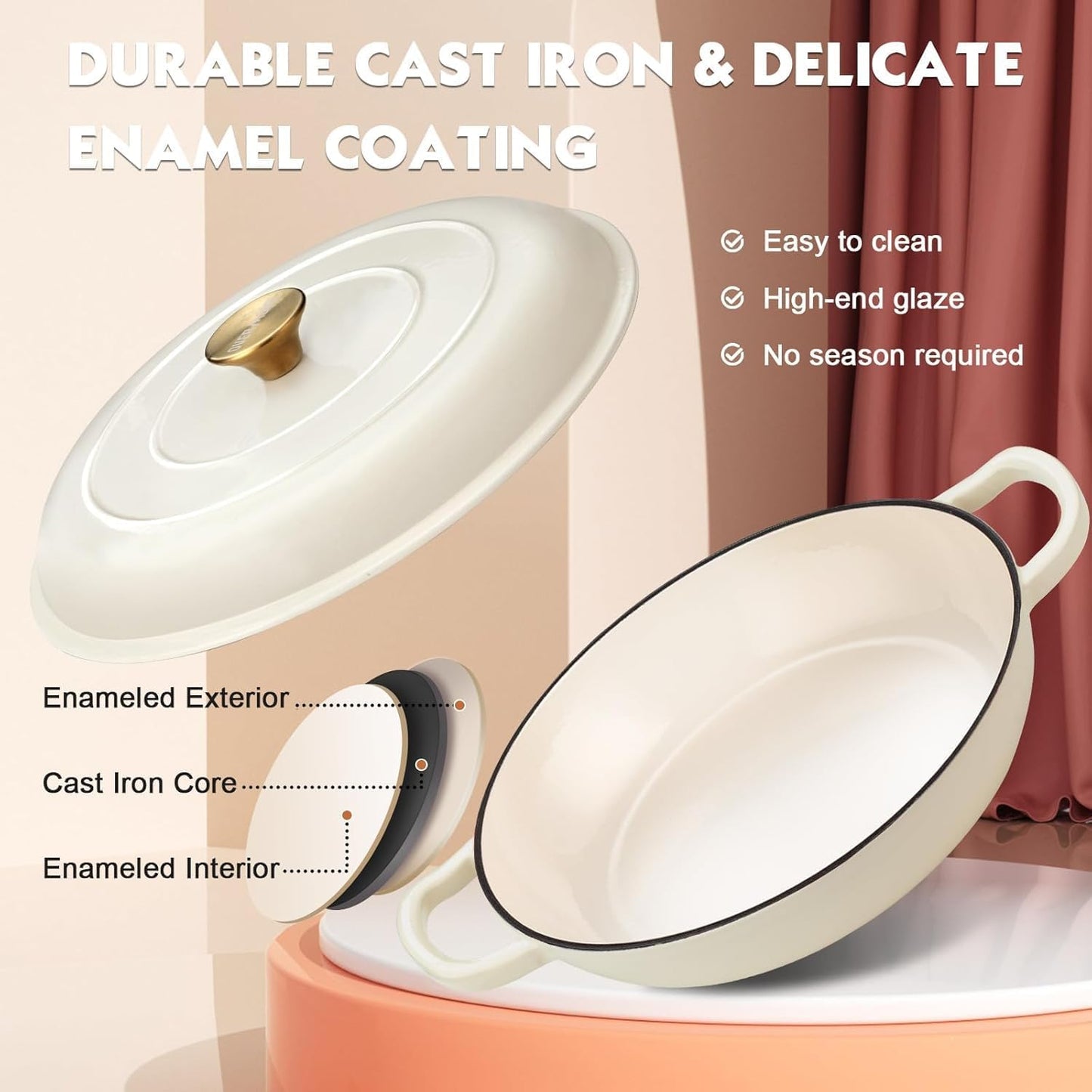 Overmont Enameled Cast Iron Dutch Oven - 3.8 Quart Dutch Oven Pot with Lid - Shallow Cookware Braising Pan - Cast iron Casserole with Cookbook & Heat-resistant Caps - Oven Safe up to 500° F