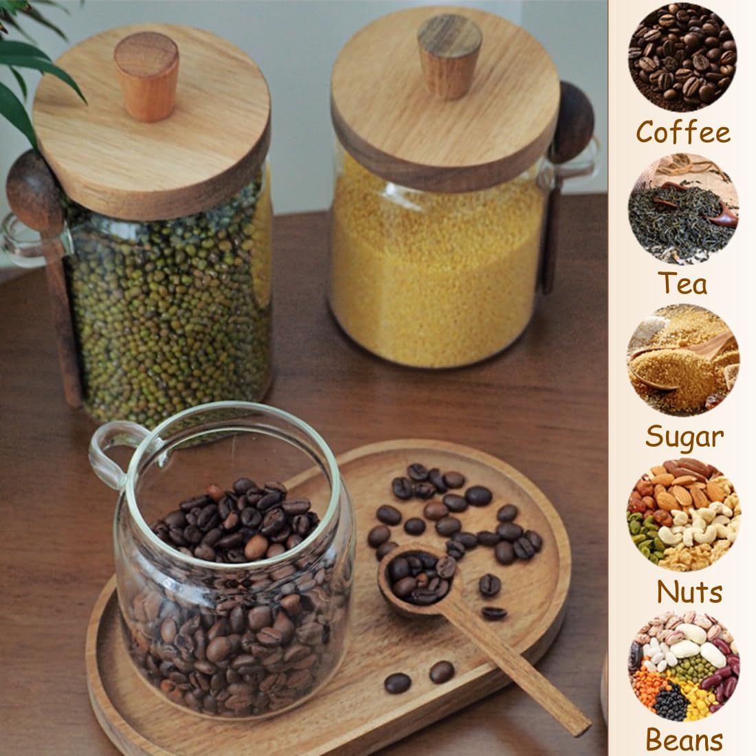 ANSQU Glass Jar with Wooden Lid and Spoon, 20.3oz Food Storage Containers Coffee Jar Coffee Grounds Container, Glass Food Storage Canister (1 Pack)