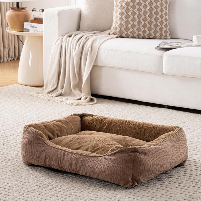 Happy Pets Luxury Orthopedic Pet Bed, F-Corduroy Foam, Brown or Light Gray Square Nest Bolster Design, Machine Washable Cover, for All Breeds (30" x 24" x 9", Brown Corduroy Square Nest)