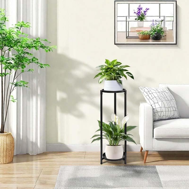 Plant Stand Indoor Outdoor, 2 Tier 24" Tall Black Flower Pot Plant Stands, Heavy Duty Metal Plants Shelf, Rustproof Iron Multiple Plant Round Supports Rack for Planter Corners Garden Balcony Patios