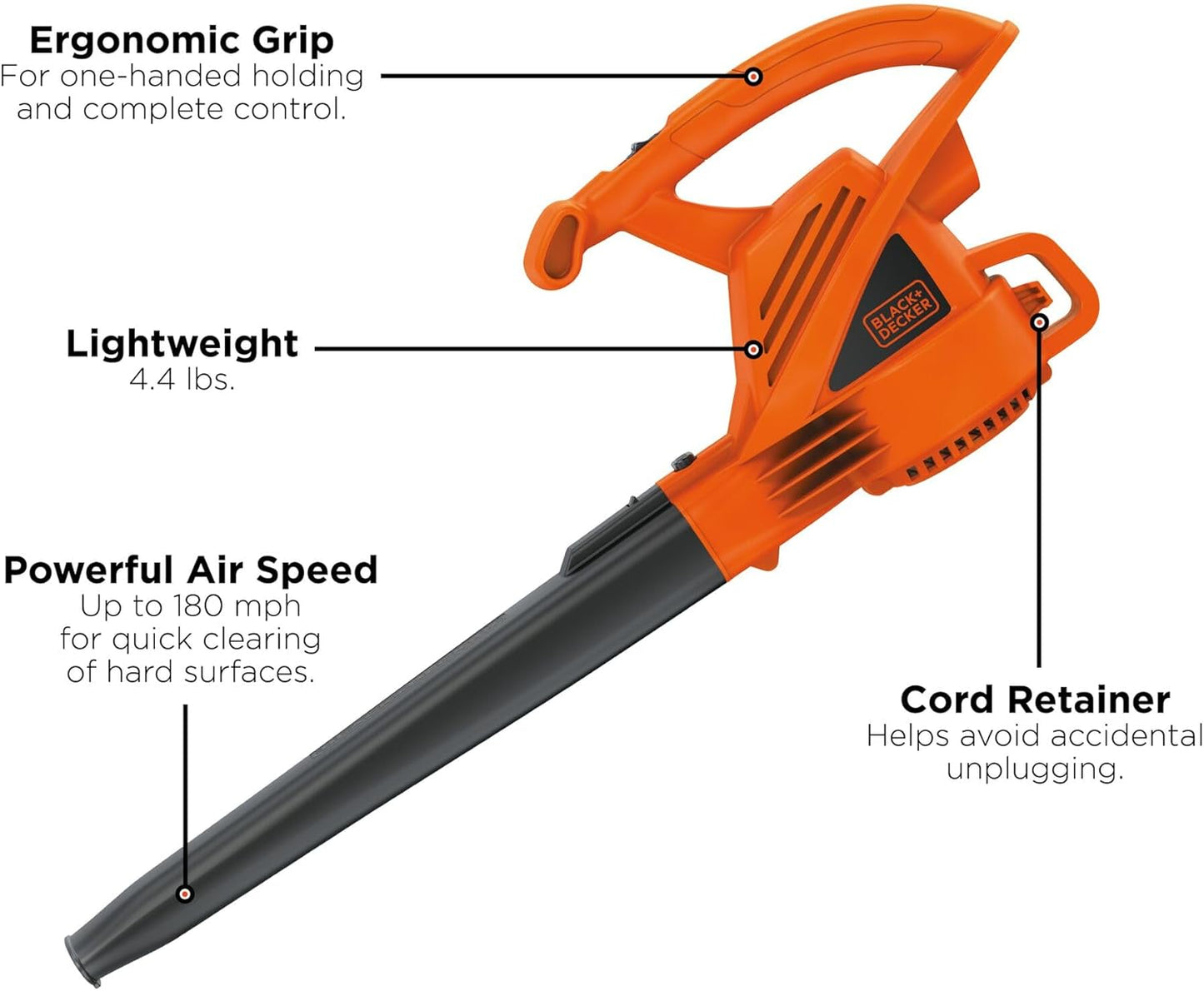 BLACK+DECKER Electric Leaf Blower, Handheld Blowers for Lawn Care, Lightweight, 180 MPH 180 CFM, 7-Amp, Corded (LB700)