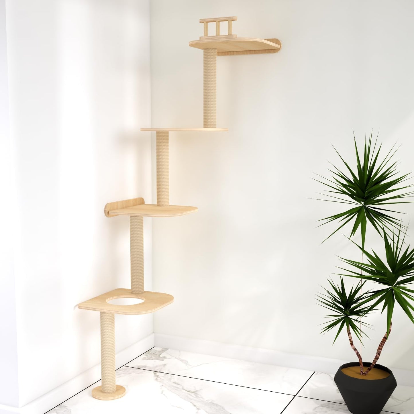 Wall-Mounted Tall Cat Tree Cat Scratching Post, Space Saving Floor to Ceiling Cat Tower, Natural Wood Cat Wall Shelves, Corner cat Jumping Platform cat Bed,Suitable for Large Cats