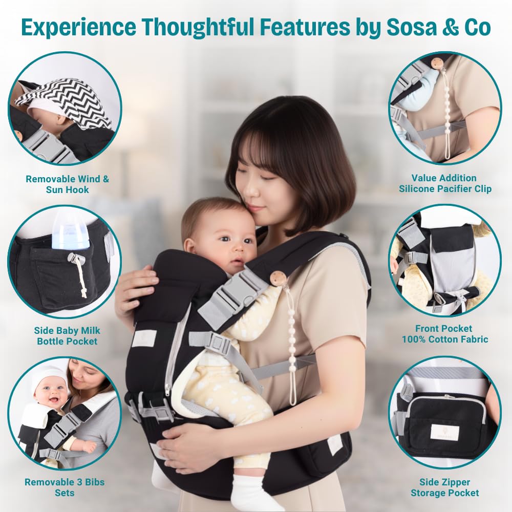 6 in 1 Hip Carrier for Baby - Easy to Wear Ergonomic Front Facing Baby Carrier with Hip Seat for 7–44 lbs - Baby Harness with Back Support, Breathable & Adjustable for Comfortable Travel - Black