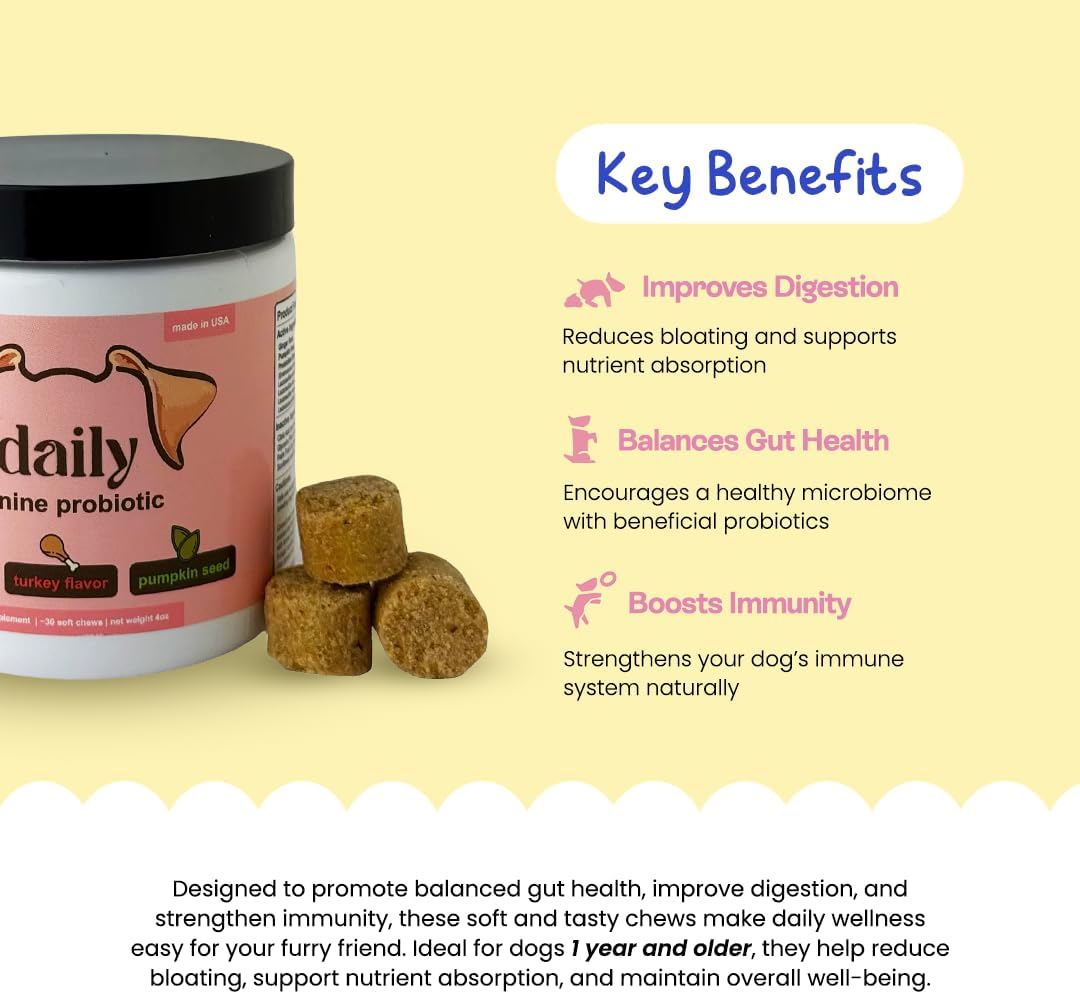 Probiotics for Dogs, Gut Health, Digestive Support & Occasional Diarrhea Relief - Turkey Flavor - 30 Soft Chews