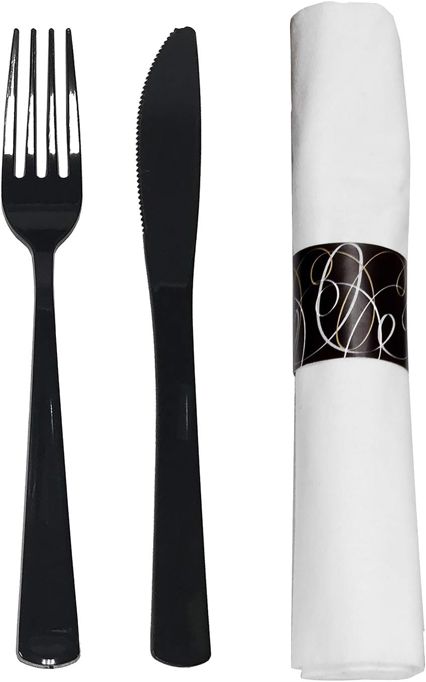 Party Essentials Party Supplies Wrapped Silverware Set Disposable, Pre Rolled Napkin and Cutlery, Forks/Knives Black, 50 Units