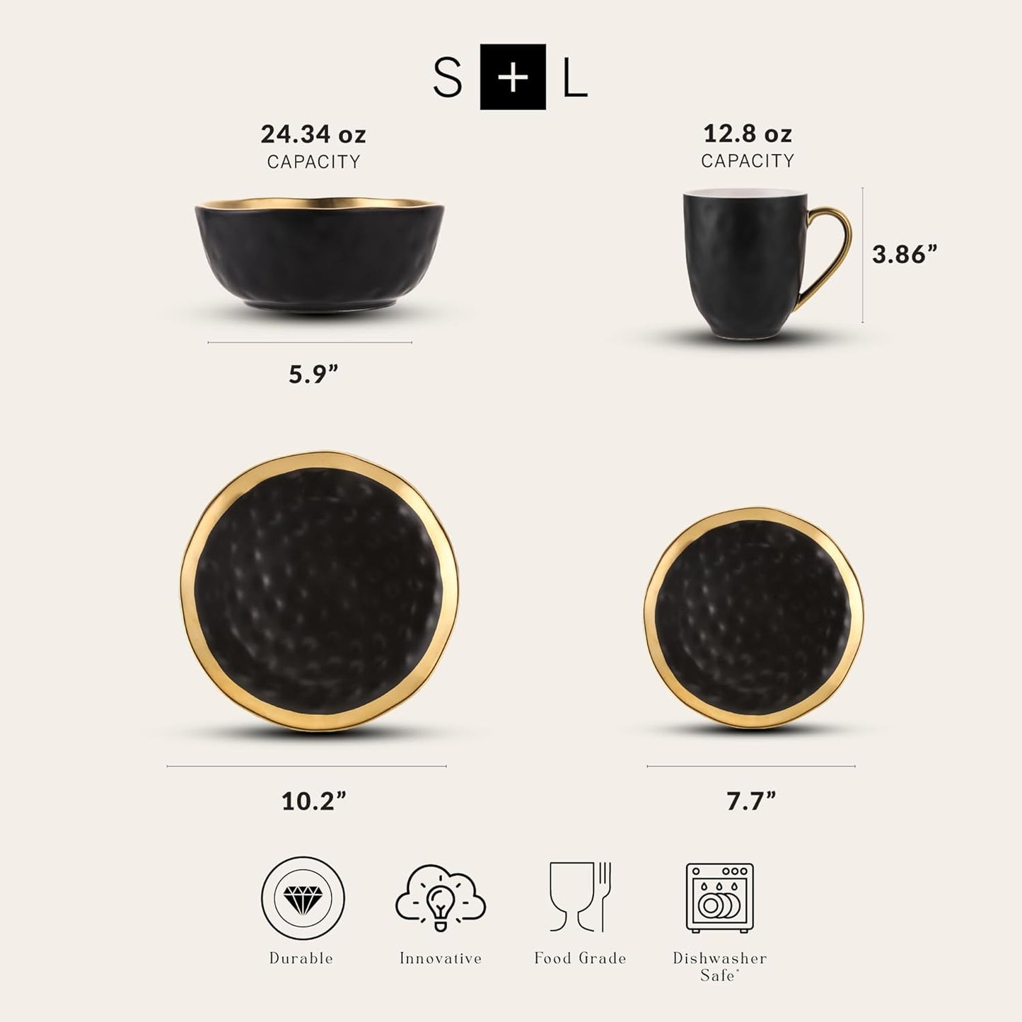 Stone Lain Florian Modern Porcelain 16 Piece Dinnerware Set, Plates and Bowls Set, Dish set for 4, Black And Golden Rim