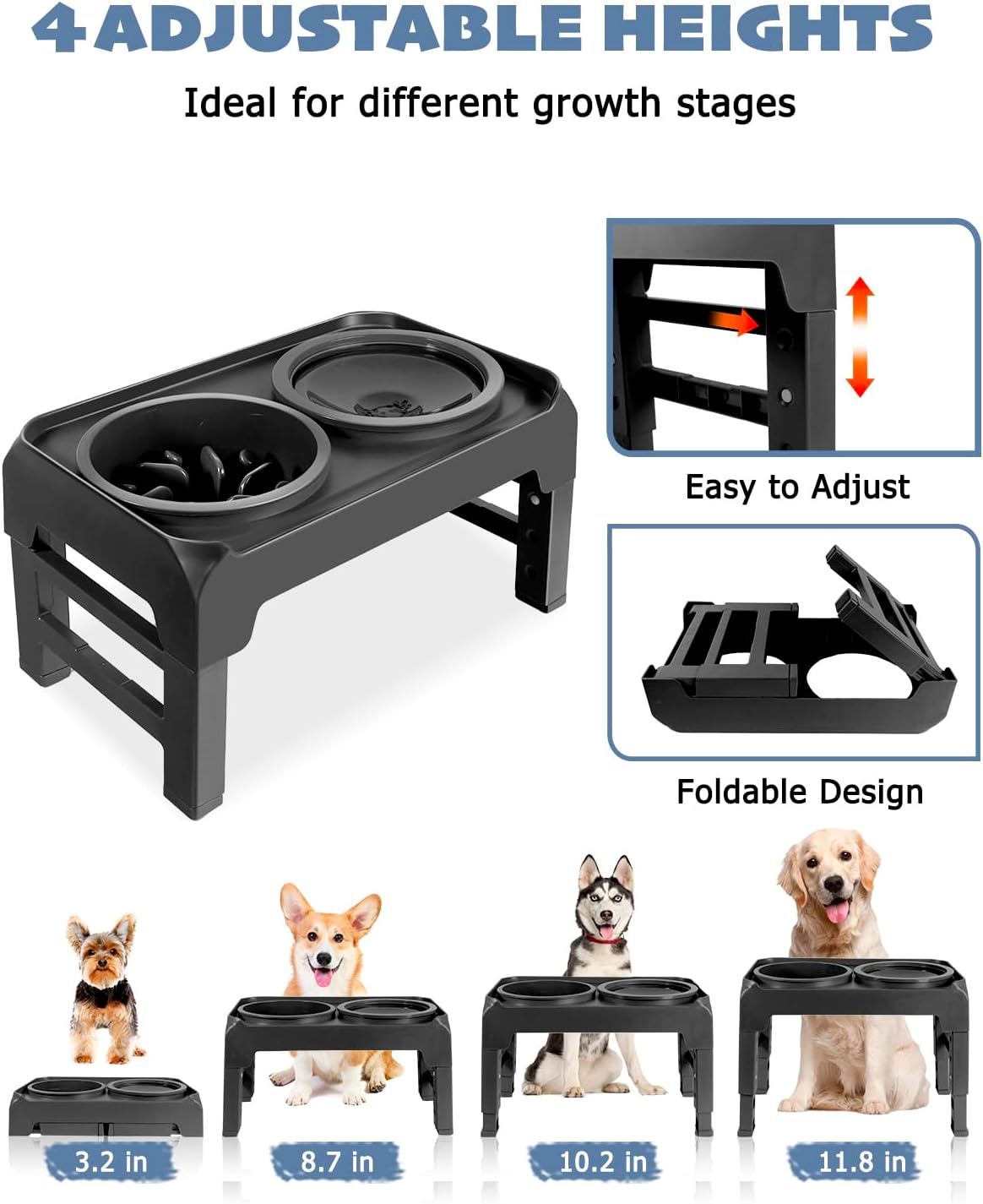 Elevated Dog Bowls, Slow Feeder & No Spill Water Bowl Stand, Raised Food Bowls with 4 Adjustable Heights for Small Medium Large Dogs
