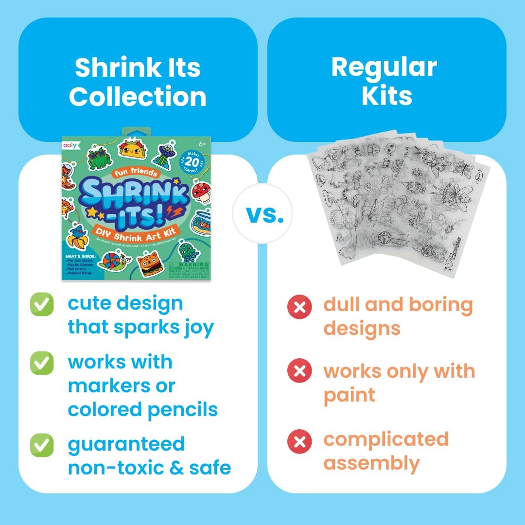 Ooly 28 PC DIY Shrinking Art Kit for Kids, 20 Plastic Pre Cut Charms and More, No Mess Creative Activity Jewelry Making Kit - Cute Crew