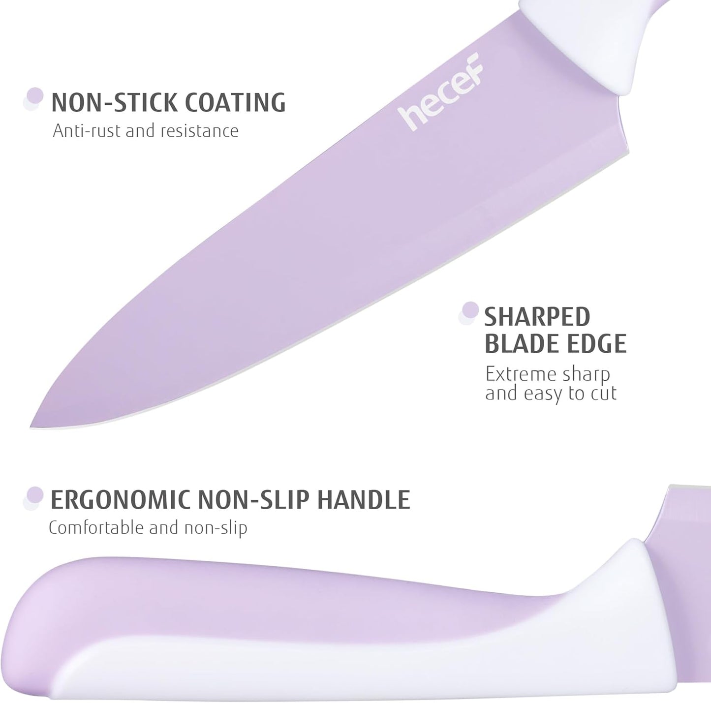 hecef 15 Pieces Kitchen Knife Set with Built-in Sharpening Wooden Block, Dishwasher Safe, High Carbon Stainless Steel Knife Block Set with Steak Knives, Kitchen Scissors, Purple