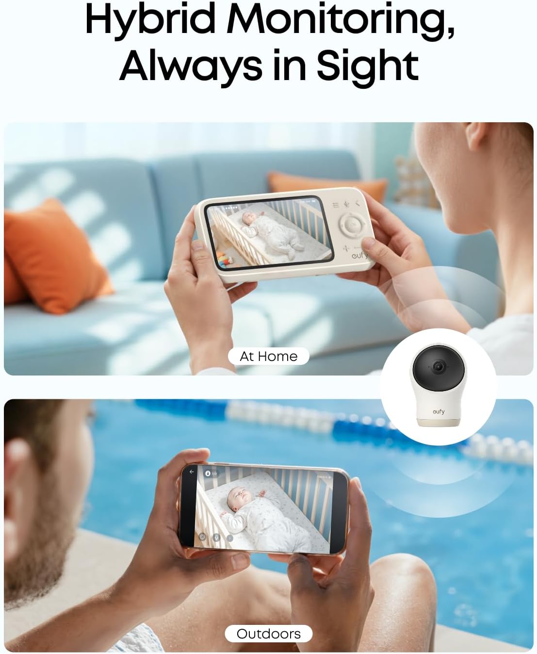 eufy Baby Monitor C10 with 2K HD Camera, 4.5" 480p Display, 4× Zoom, Pan-Tilt, Night Vision, Hybrid Wi-Fi & No Wi-Fi Connection, 12 H Battery, Motion, Cry, Noises, Temperature Alerts, 2-Way Talk, VOX