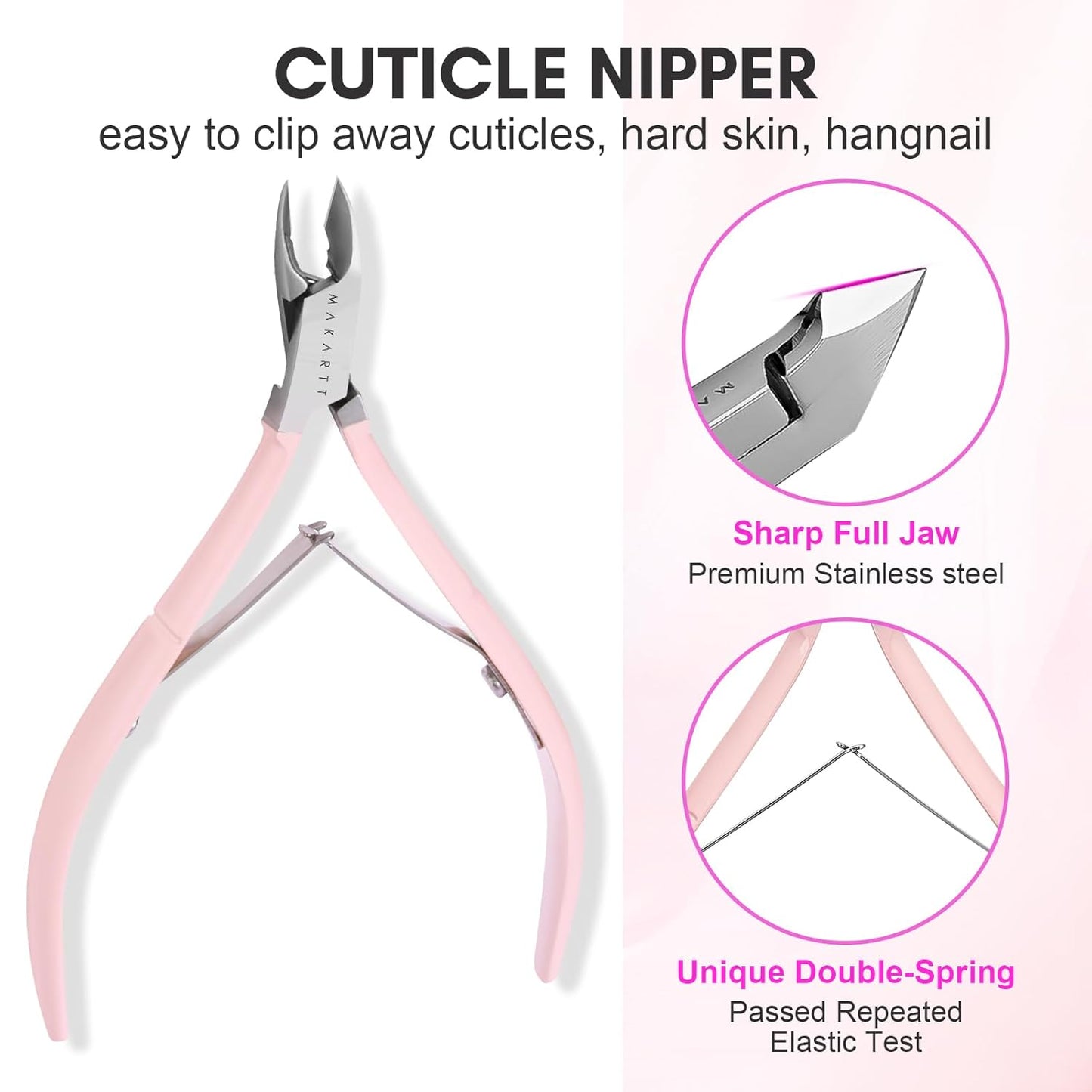 Makartt Cuticle Trimmer with Cuticle Pusher, 3 PCS Pink Nail Cuticle Nipper Professional Pedicure Manicure Tools with Stainless Steel Dual End Pusher, Nail Scraper