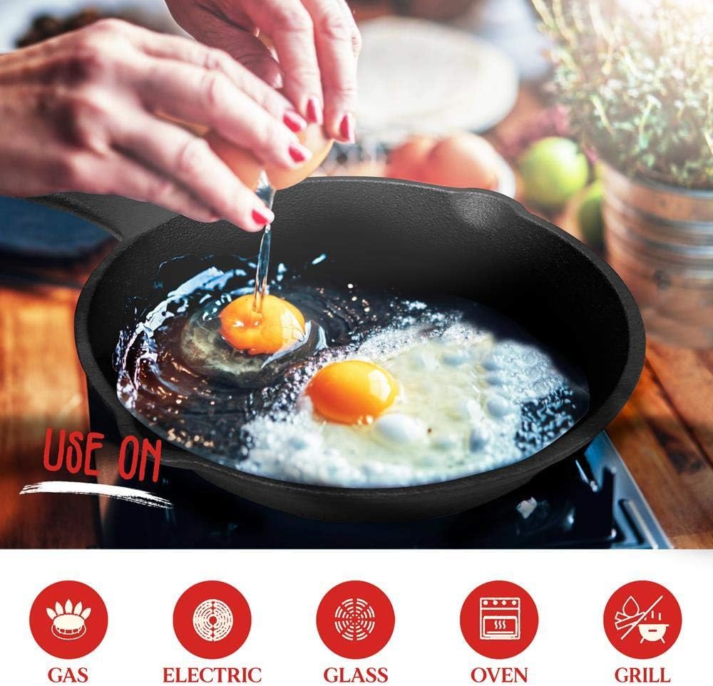 NutriChef Pre-Seasoned Cast Iron Skillets - 3 Pieces Cast Iron Cookware Set w/Drip Spout and Scraper - Compatible with Induction, Electric Stovetop, Gas, & Ceramic - NCCI76