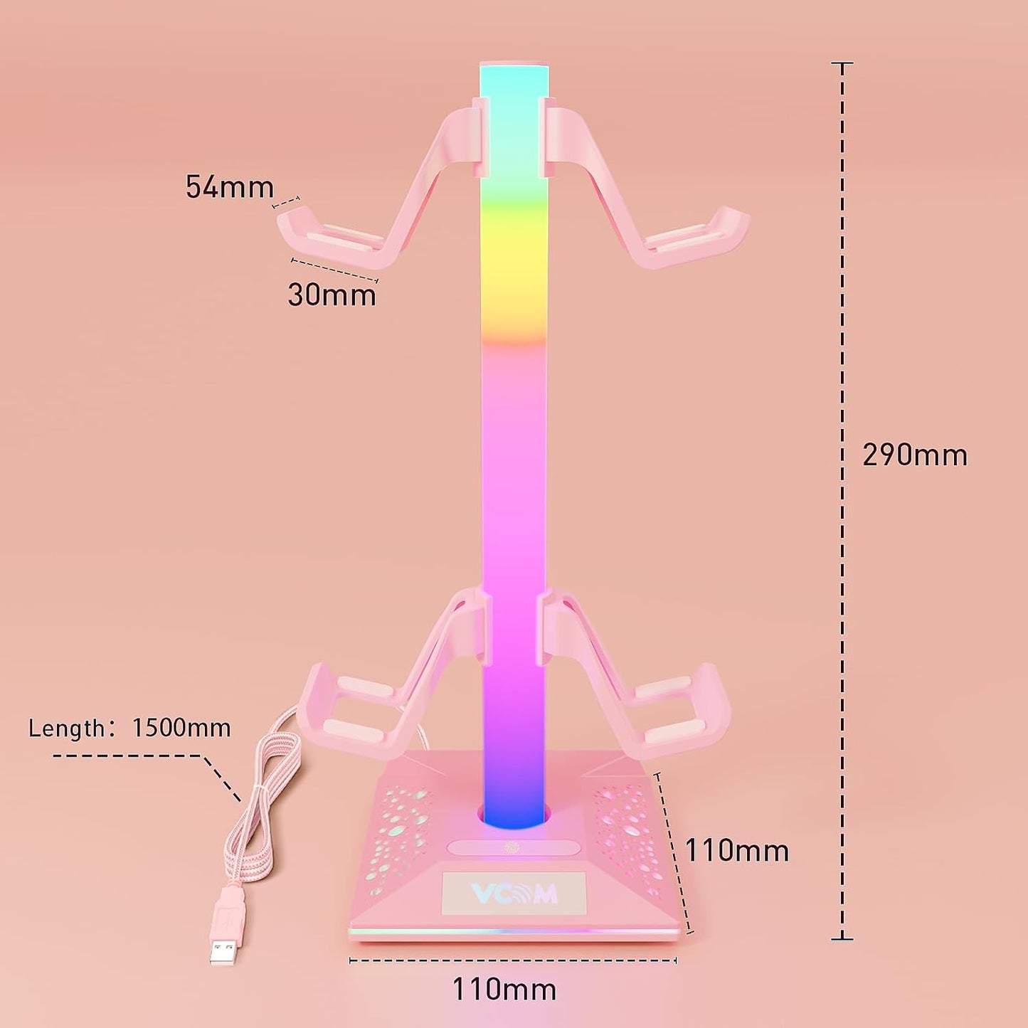 VCOM RGB Gaming Headphones Stand with 2 USB Ports, Pink Headset Stand with 10 Light Modes and Non-Slip Rubber, Suitable for PC Desk Accessories Gamers Gift(Pink)