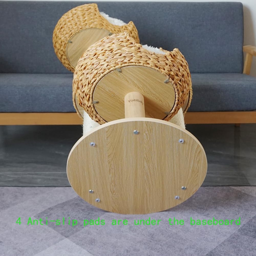 Cat Tree 39 Inches Cat Tower with Sisal Covered Scratching Real Wood Post, Handwoven PE Rattan 3 Baskets perches with Cozy Cushion, Cat Climbing, Cat Scratching Post (White Cushion)